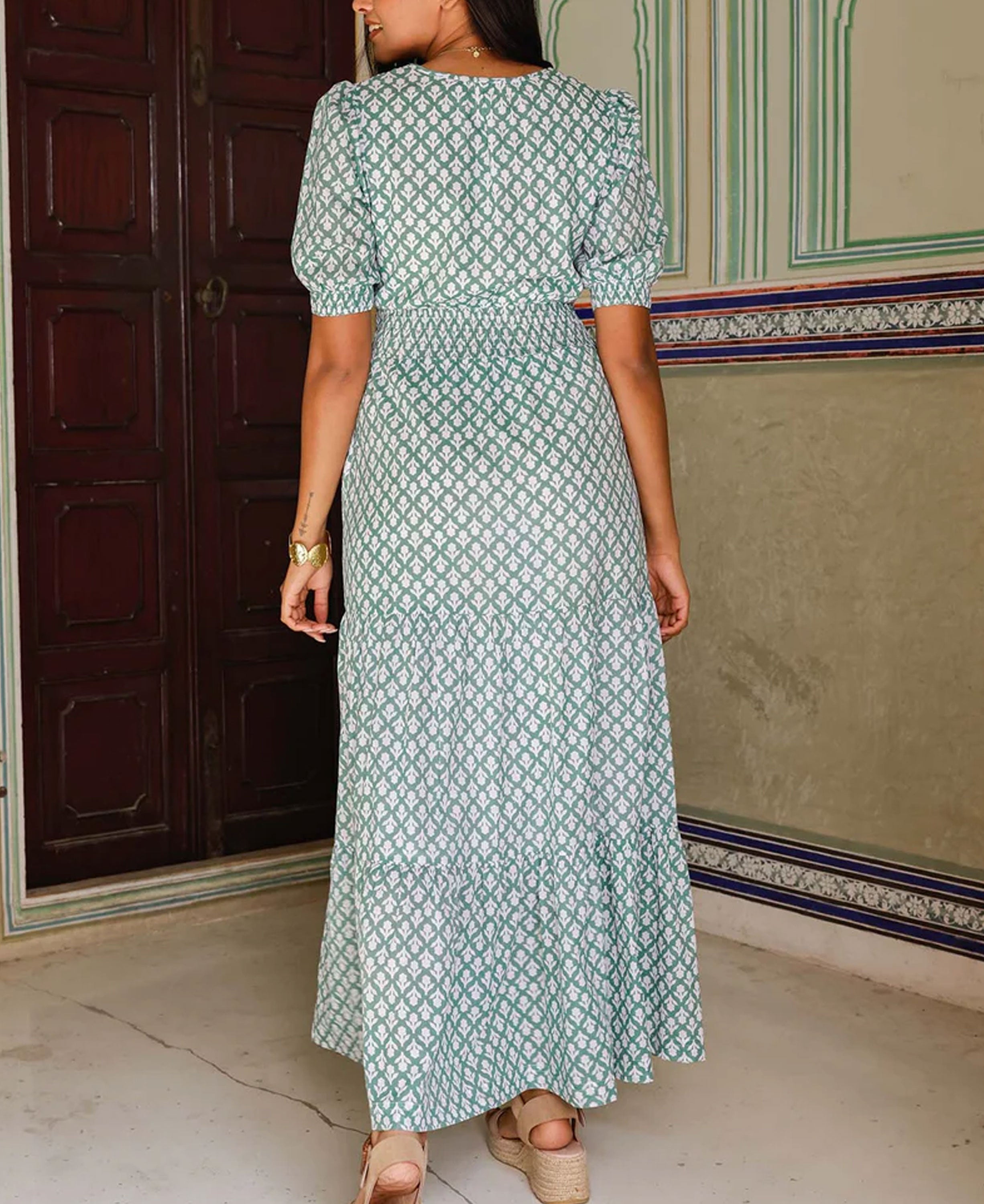 Billie Short Sleeve Organic Cotton Dress - Flower Stamp Sage/White