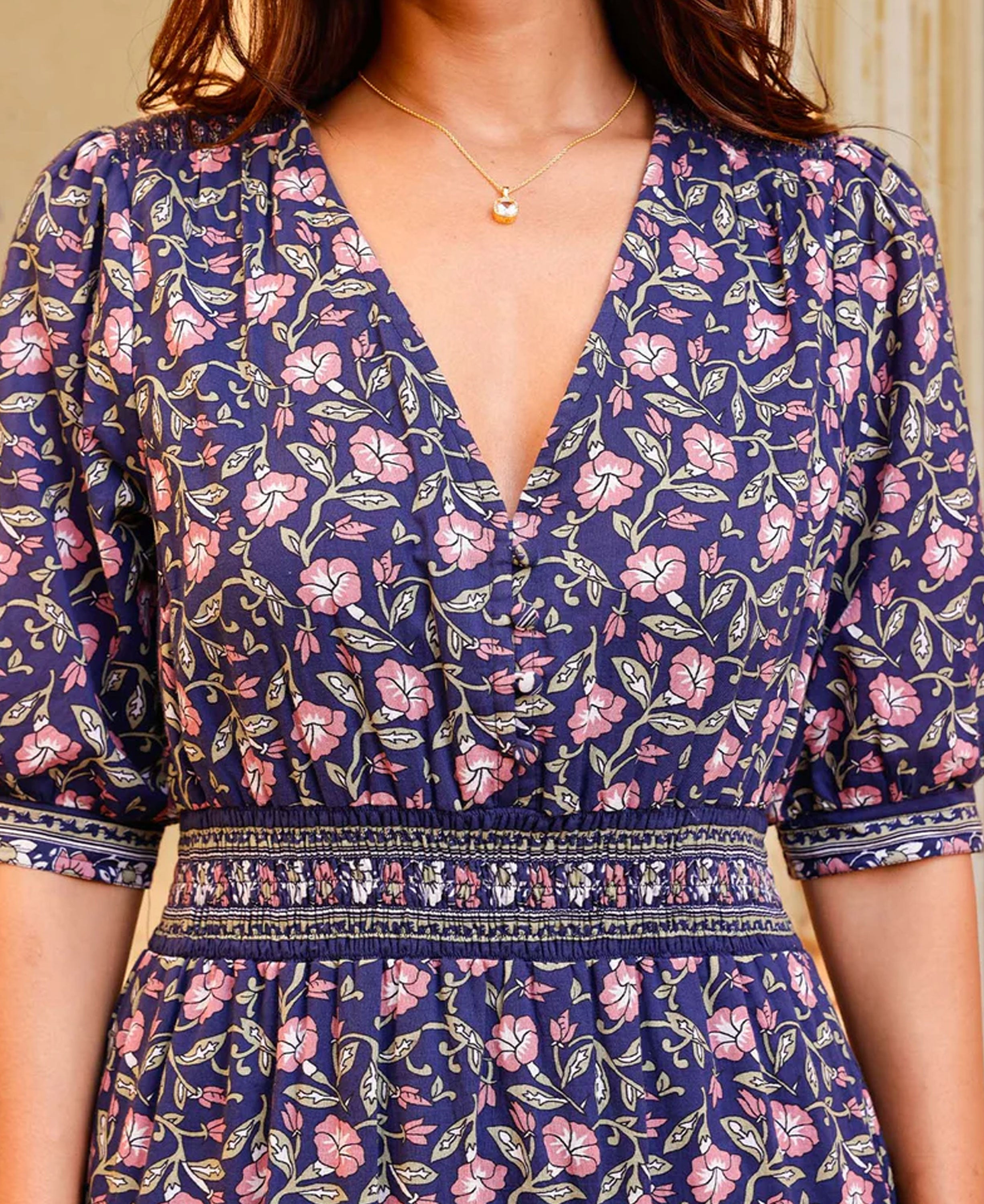 Billie Short Sleeve Organic Cotton Dress - Primrose Stamp Navy/Pink