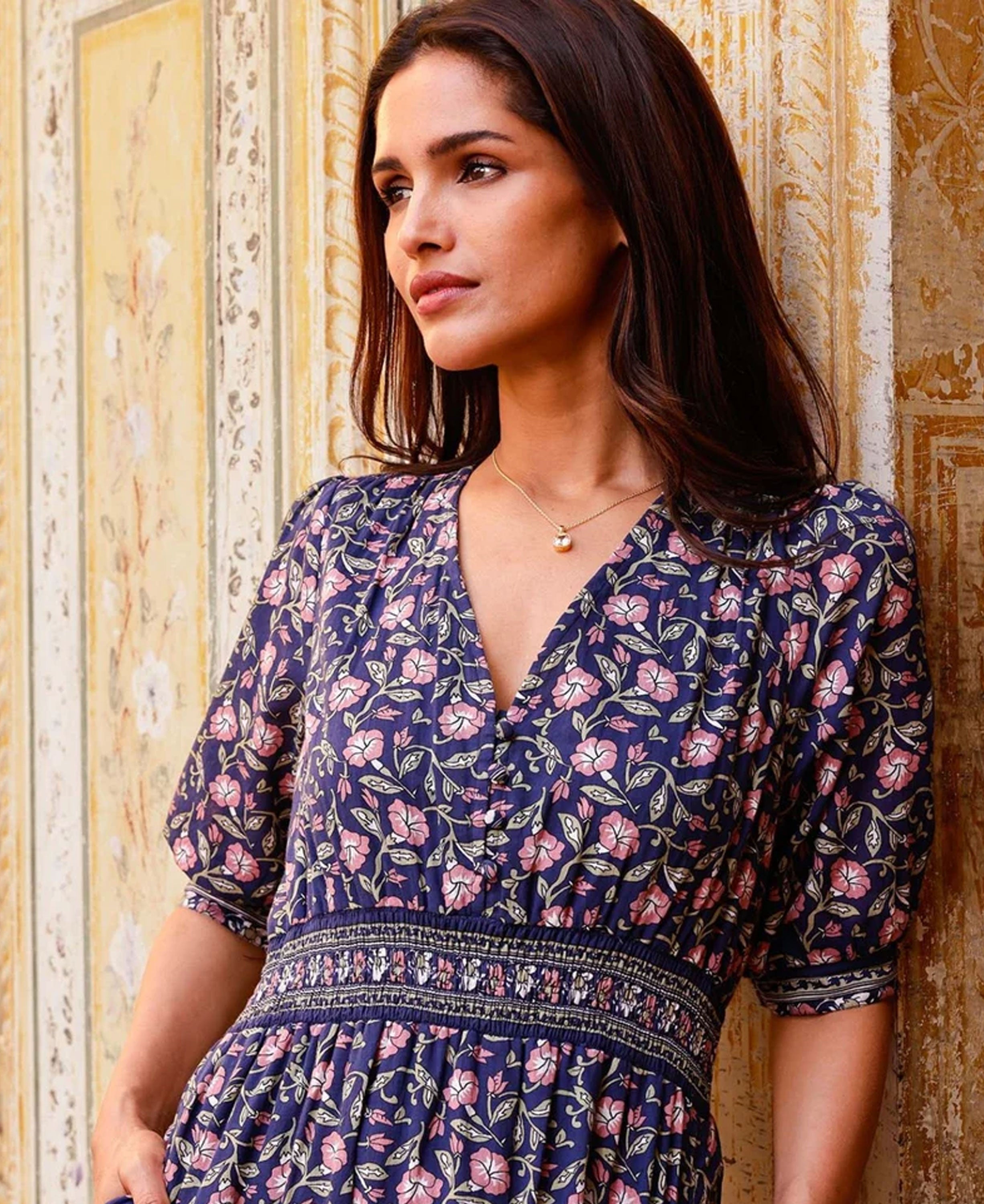 Billie Short Sleeve Organic Cotton Dress - Primrose Stamp Navy/Pink