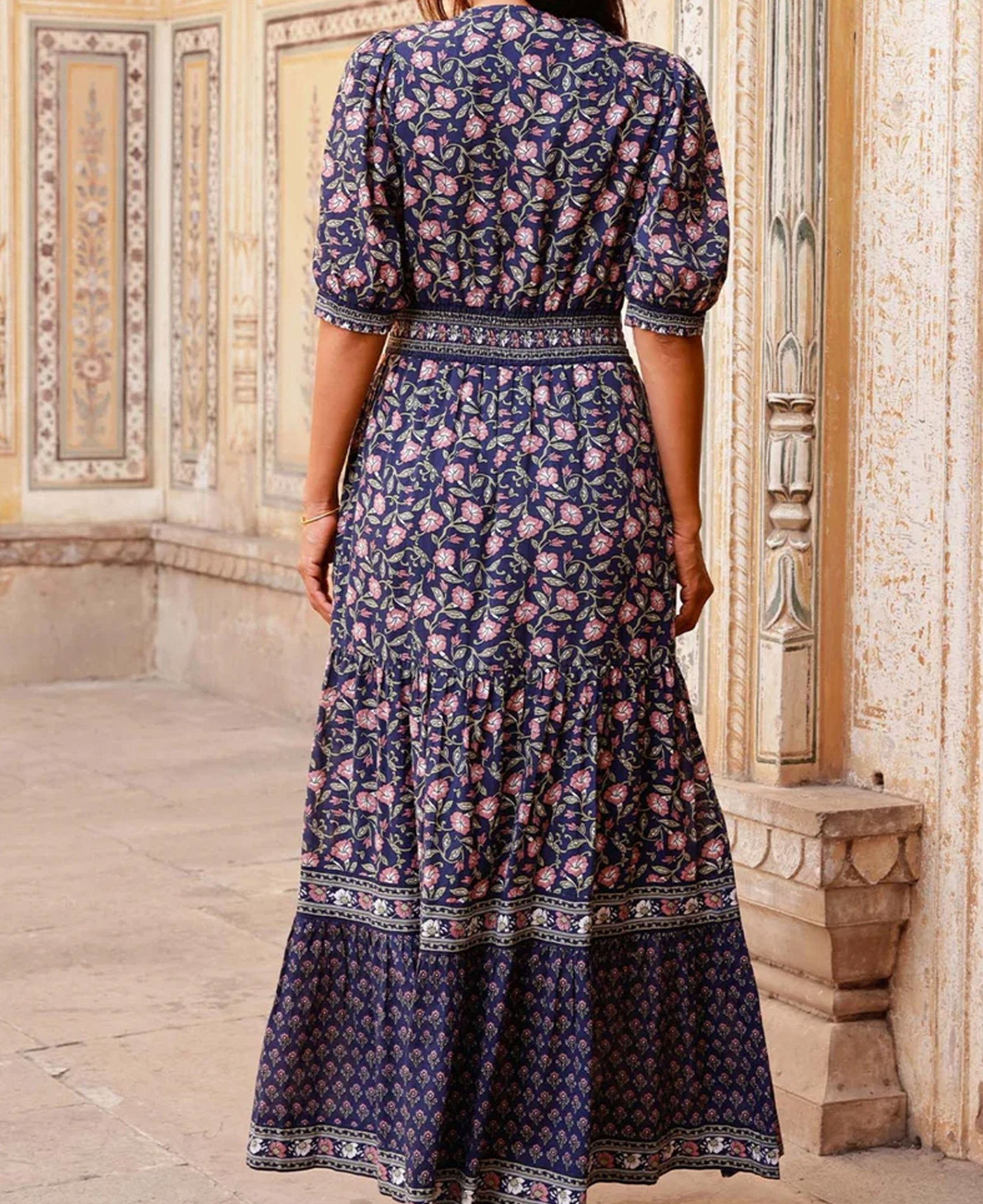 Billie Short Sleeve Organic Cotton Dress - Primrose Stamp Navy/Pink
