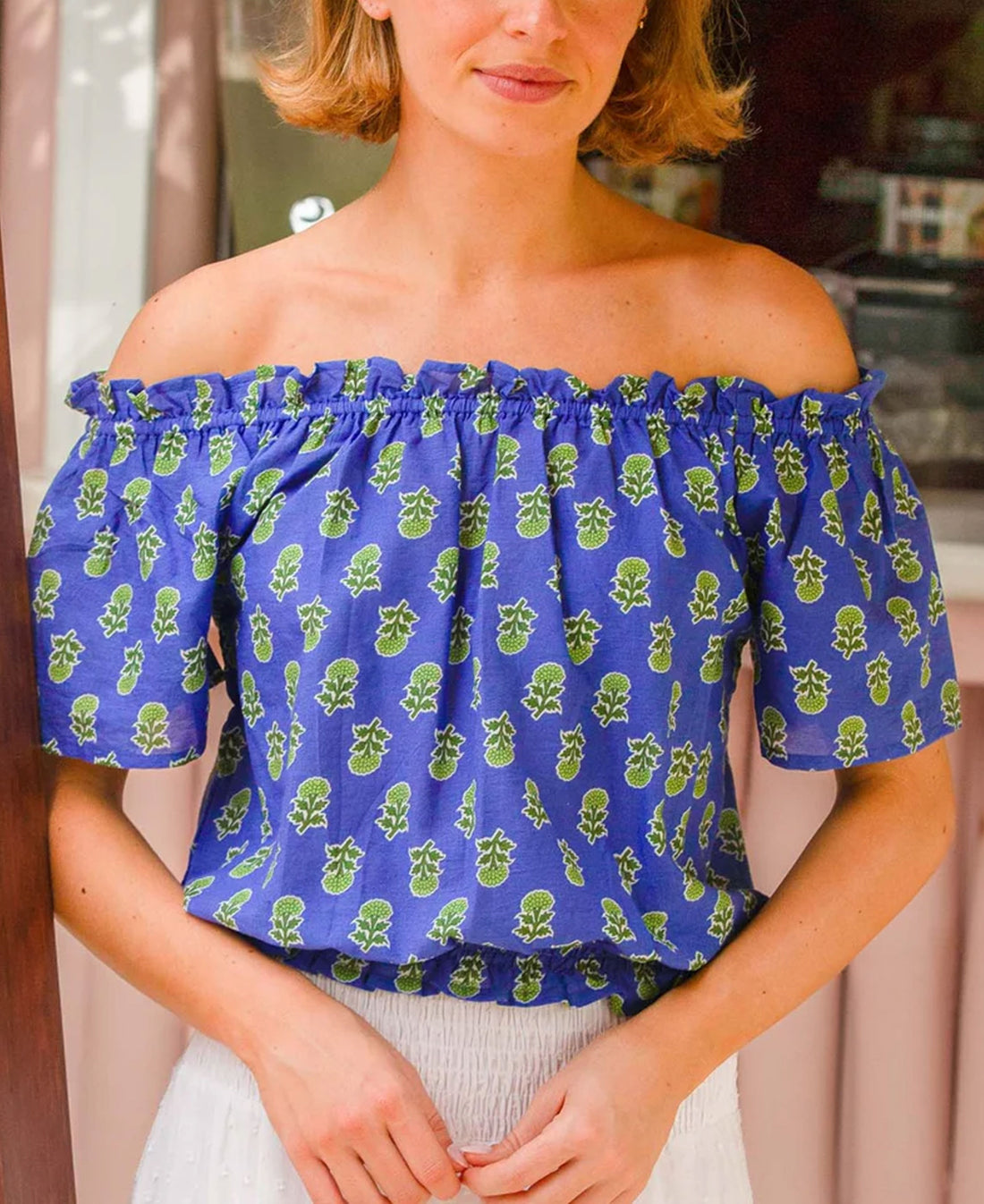 Ilana Printed Organic Cotton Top - Blue/Green