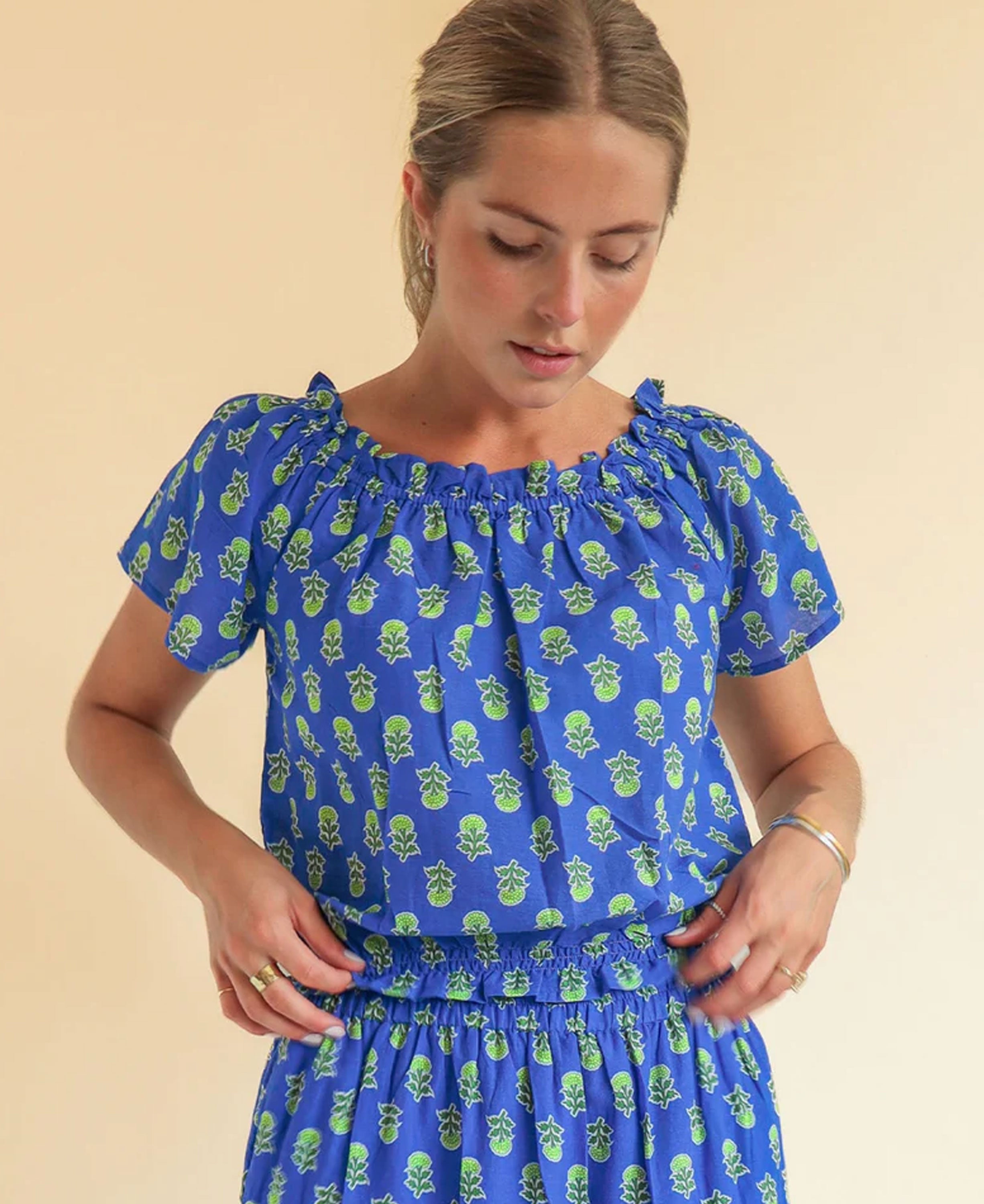 Ilana Printed Organic Cotton Top - Blue/Green
