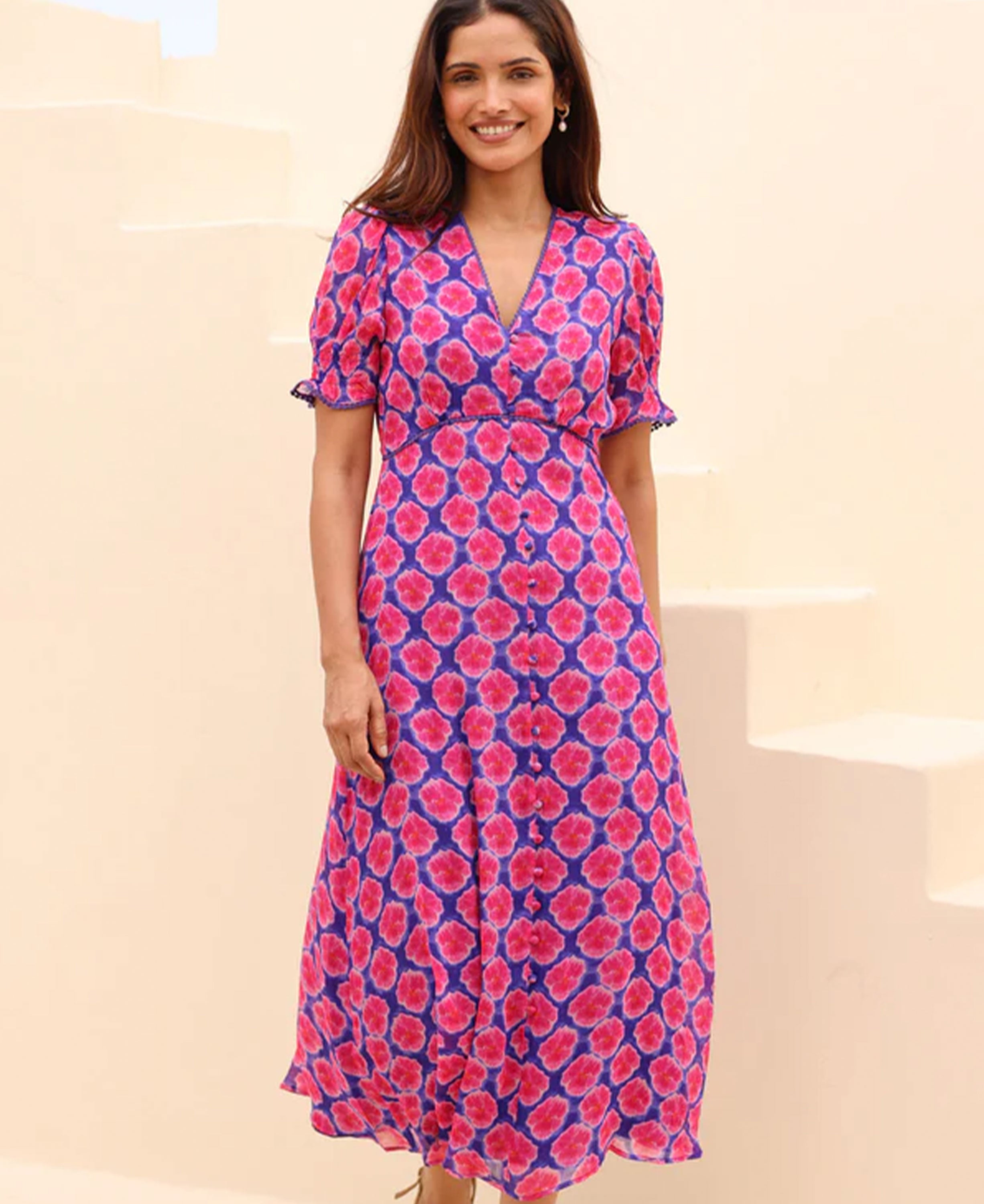 Short Sleeve Sally Anne Dress - Blue/Pink Bloom
