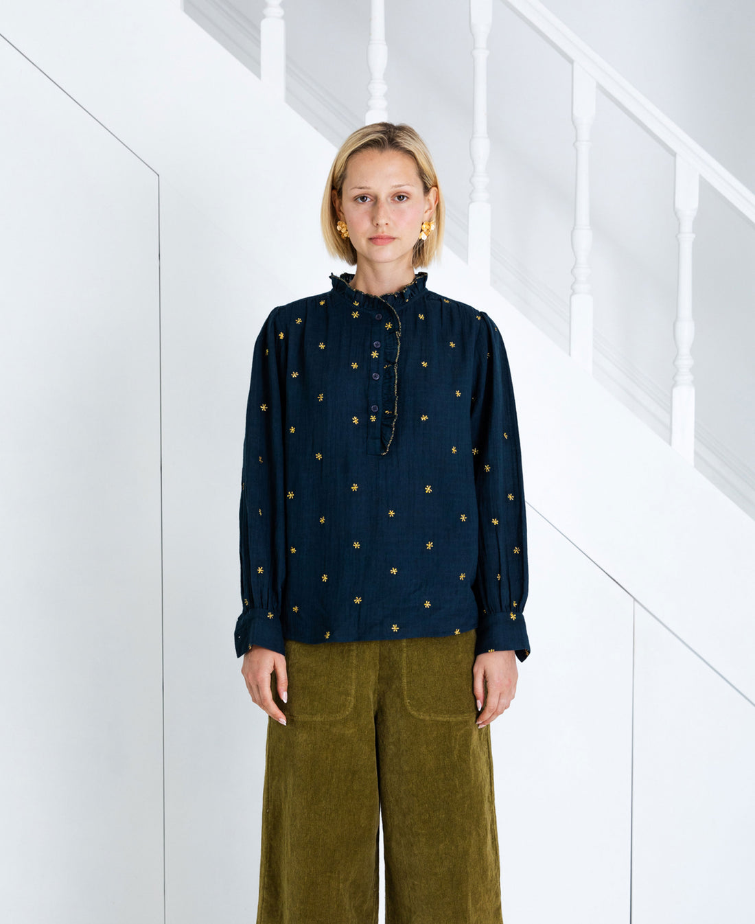 Anais Frill Placket Blouse - Midnight