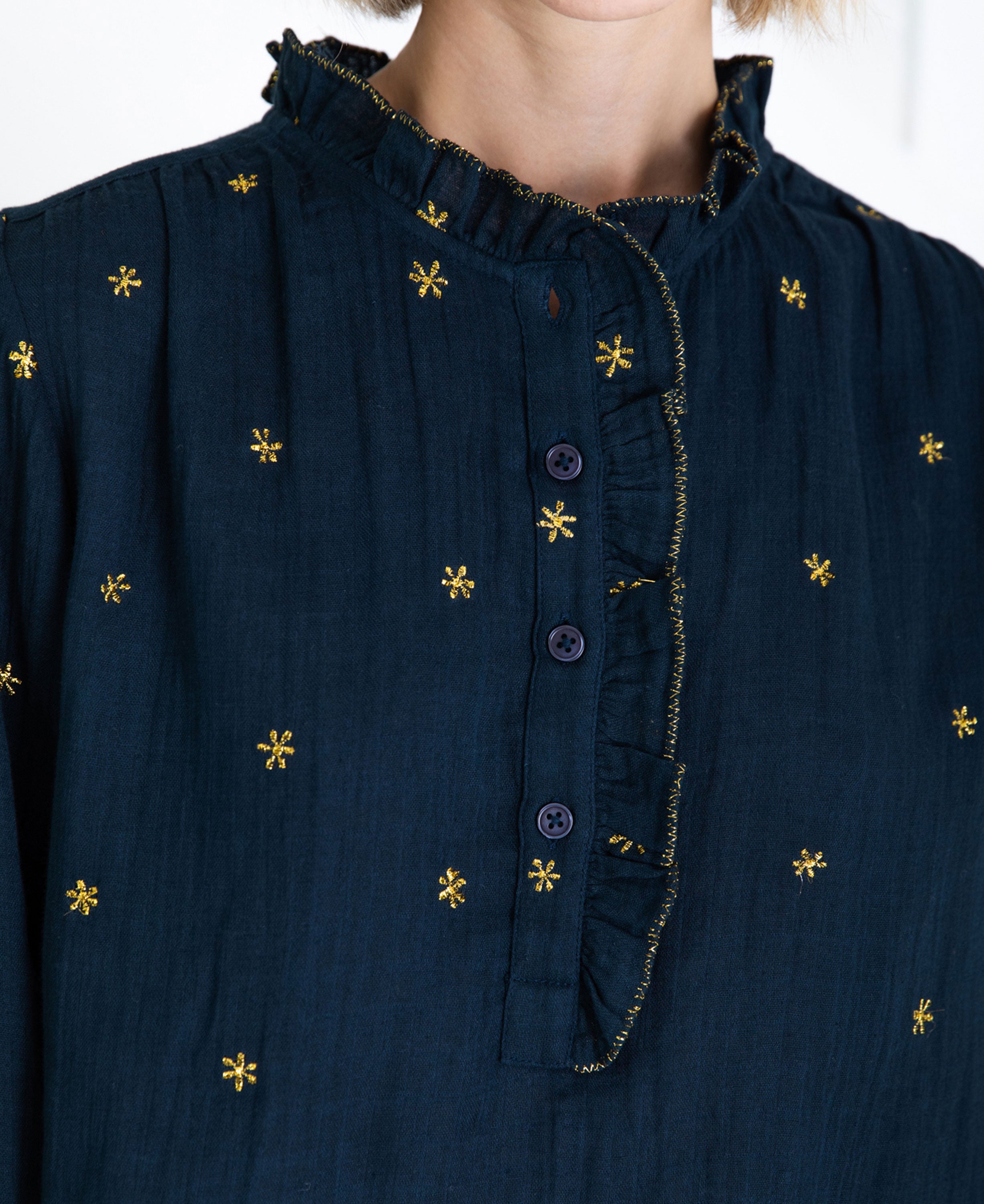 Anais Frill Placket Blouse - Midnight