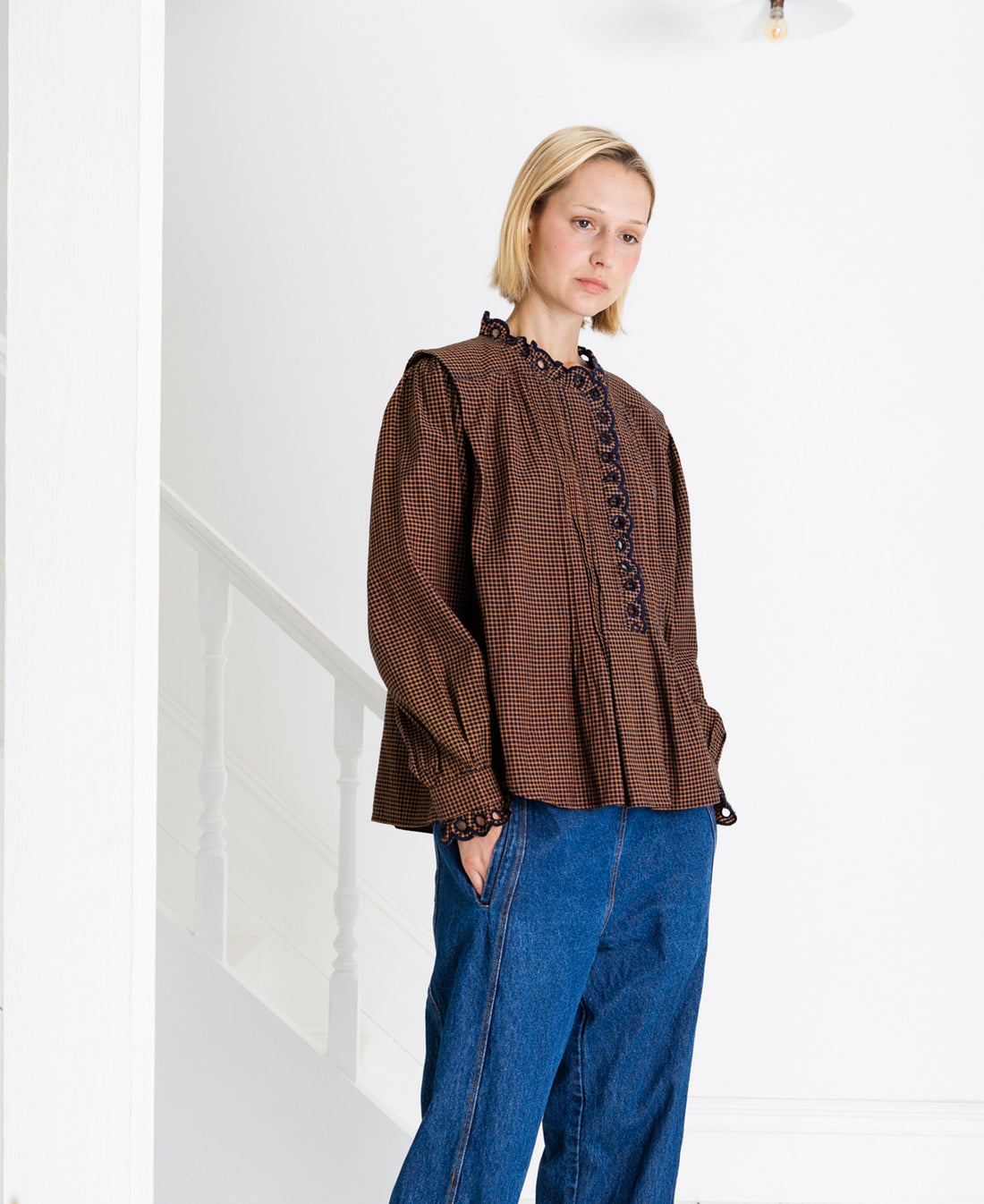 Etienne Scalloped Placket Shirt - Midnight/Tan