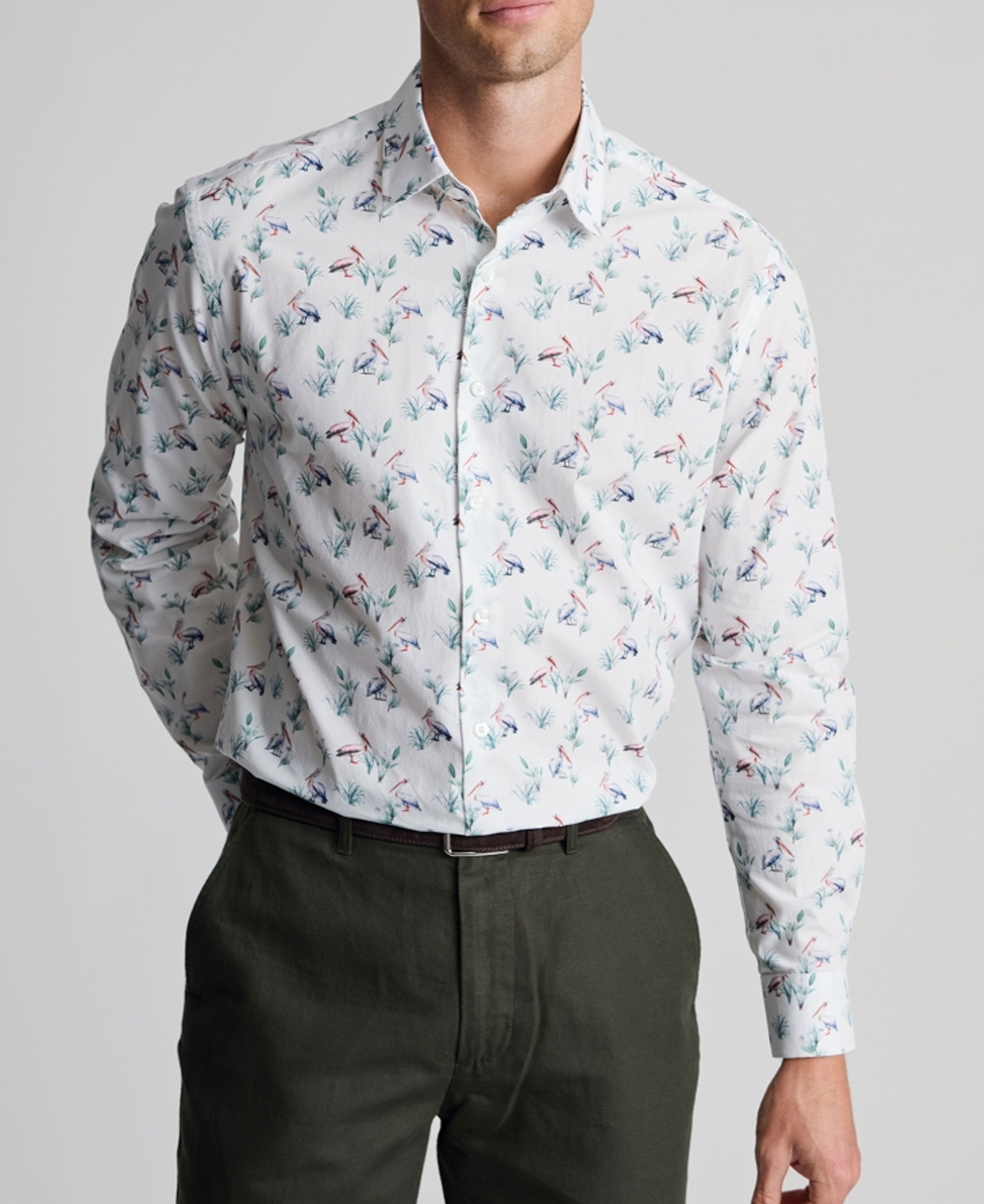 Pelican Print Cotton Shirt Regular Fit - White