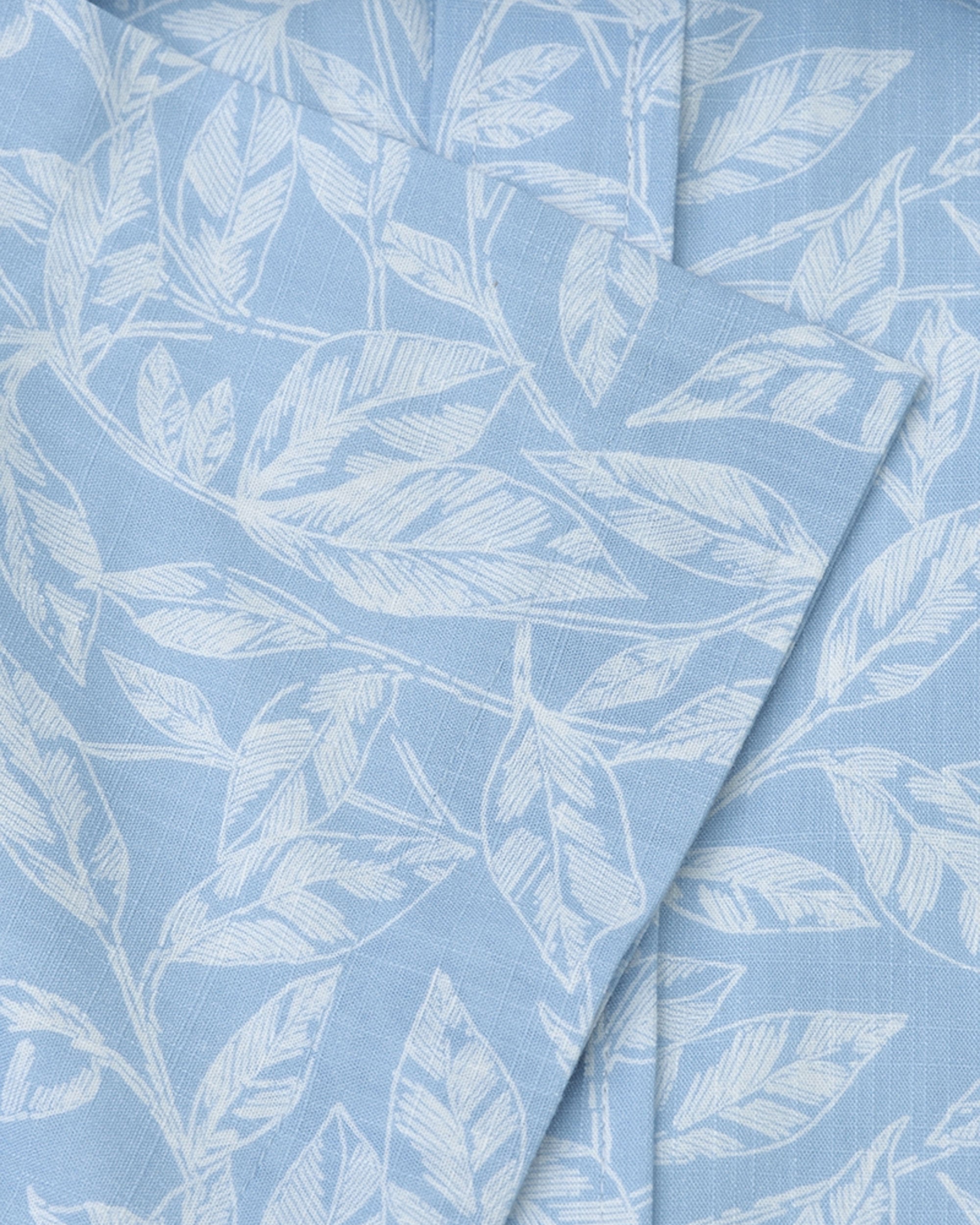 Botanical Leaf Print Slub Cotton Short Sleeve Shirt - Sky Blue