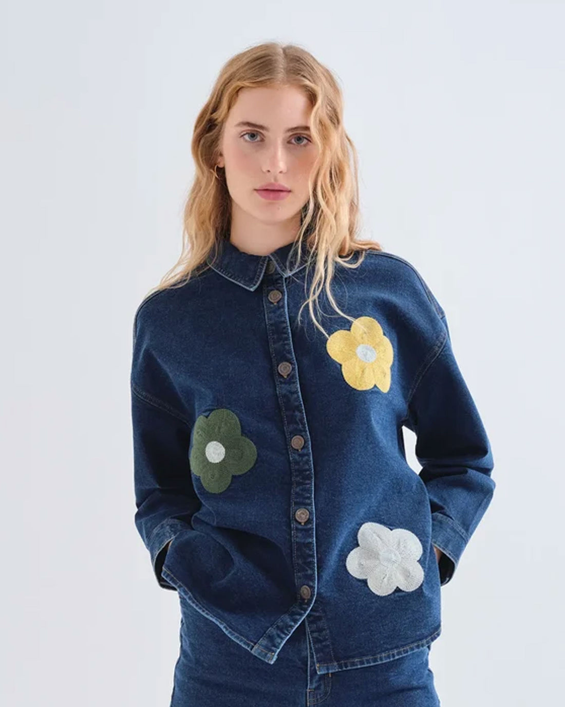 Applique Flower Shirt - Navy Blue