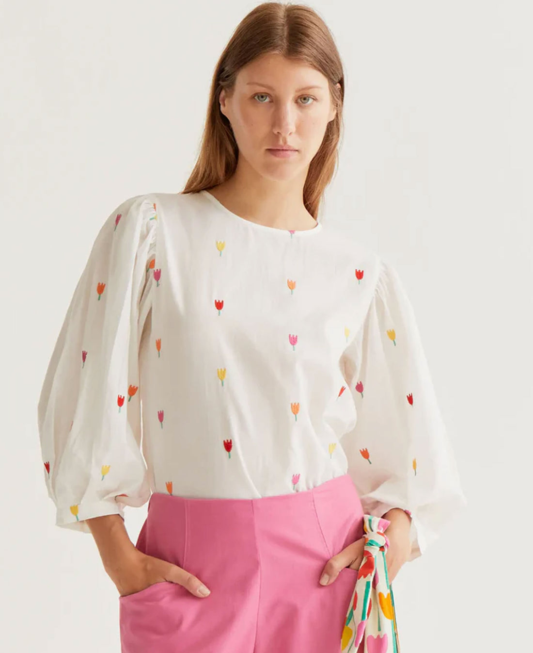 Multi Tulip Cotton Top - Ecru