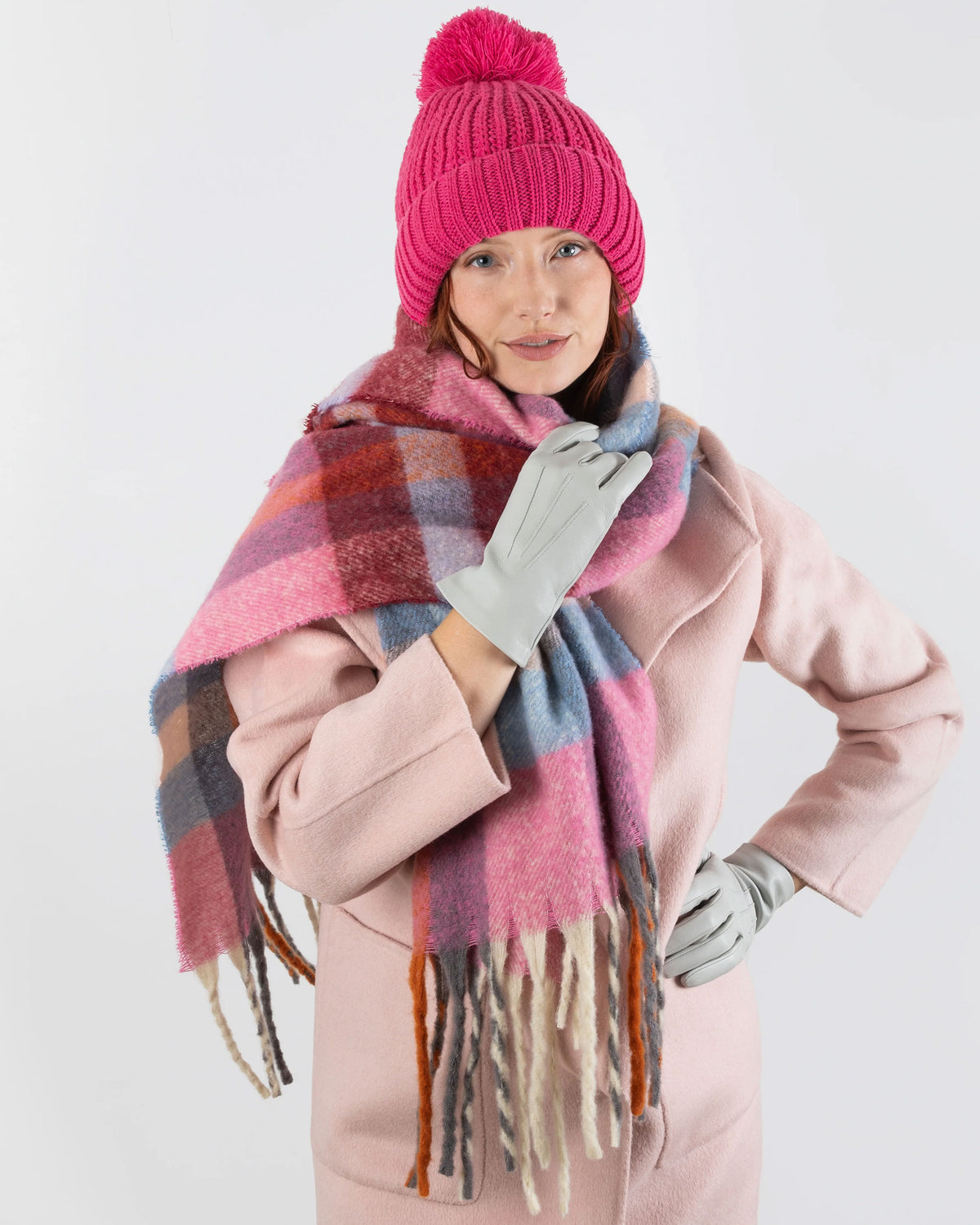 Check Scarf With Tassel Ends - Candy/Pale Blue
