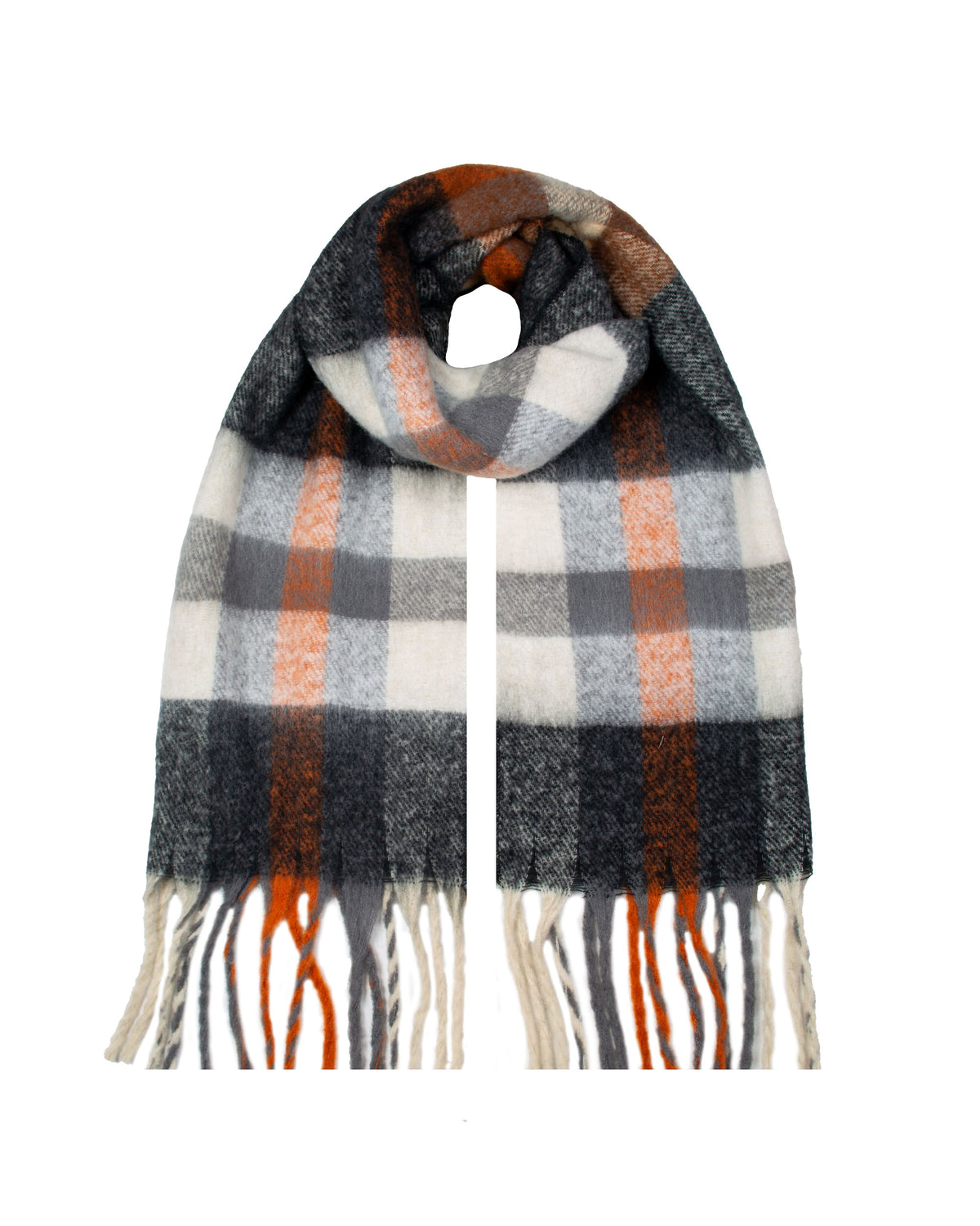 Check Scarf With Tassel Ends - Charcoal/Chocolate