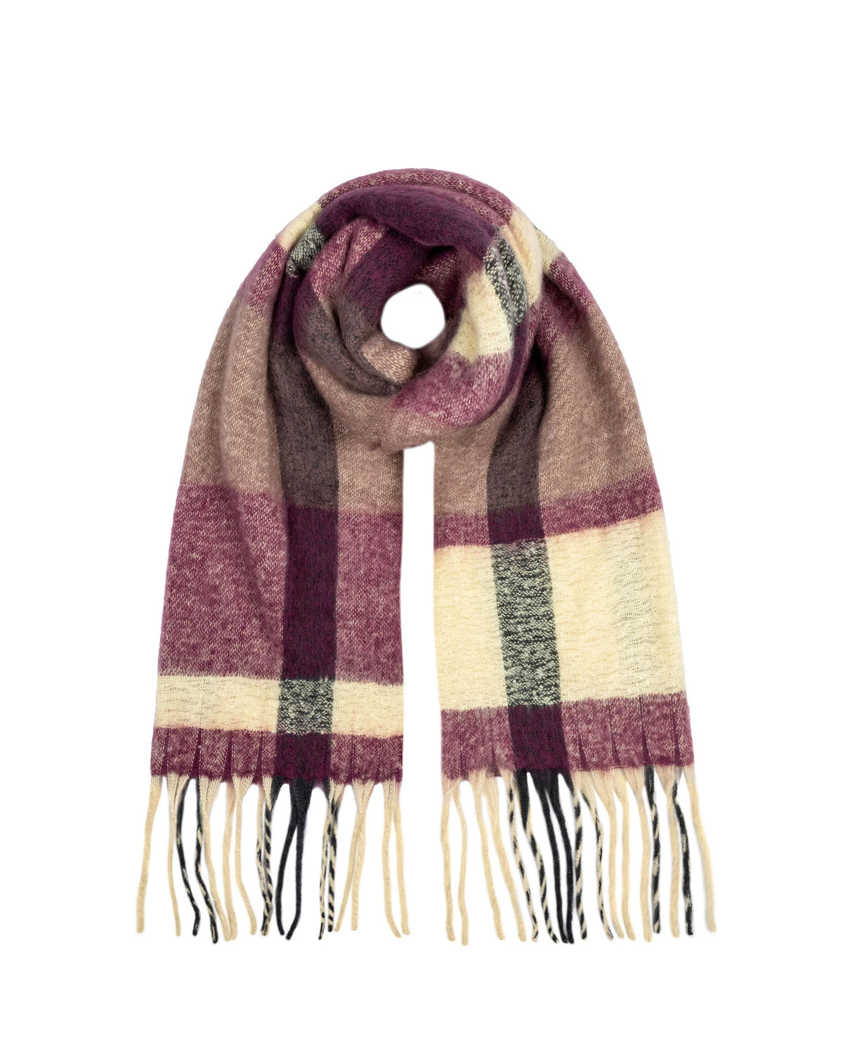 Check Blanket Scarf With Tassel Ends - Damson