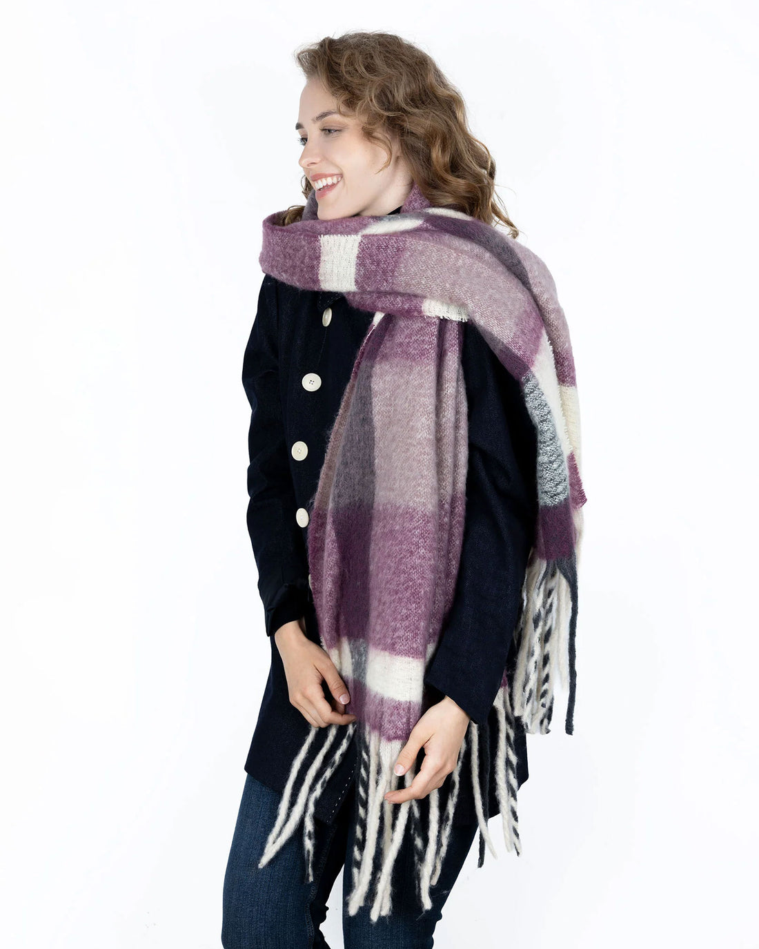 Check Blanket Scarf With Tassel Ends - Damson