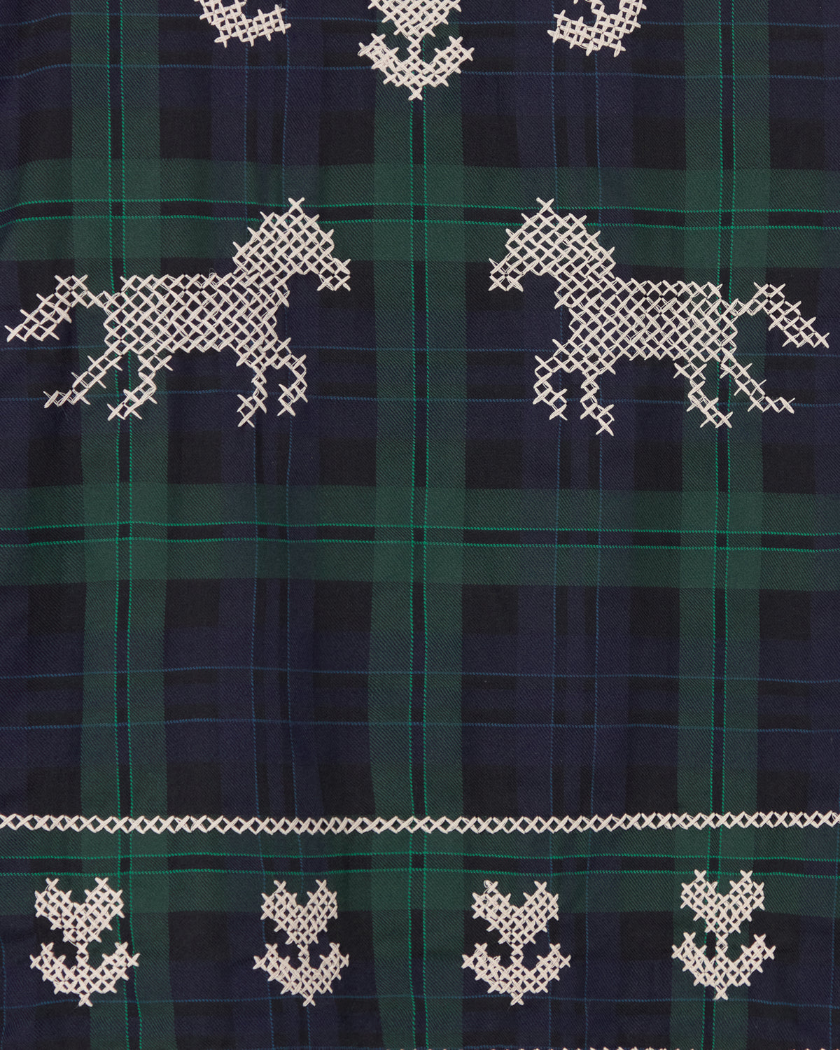 Embroidered Check Puff Sleeve Blouse - Navy/Dark Green