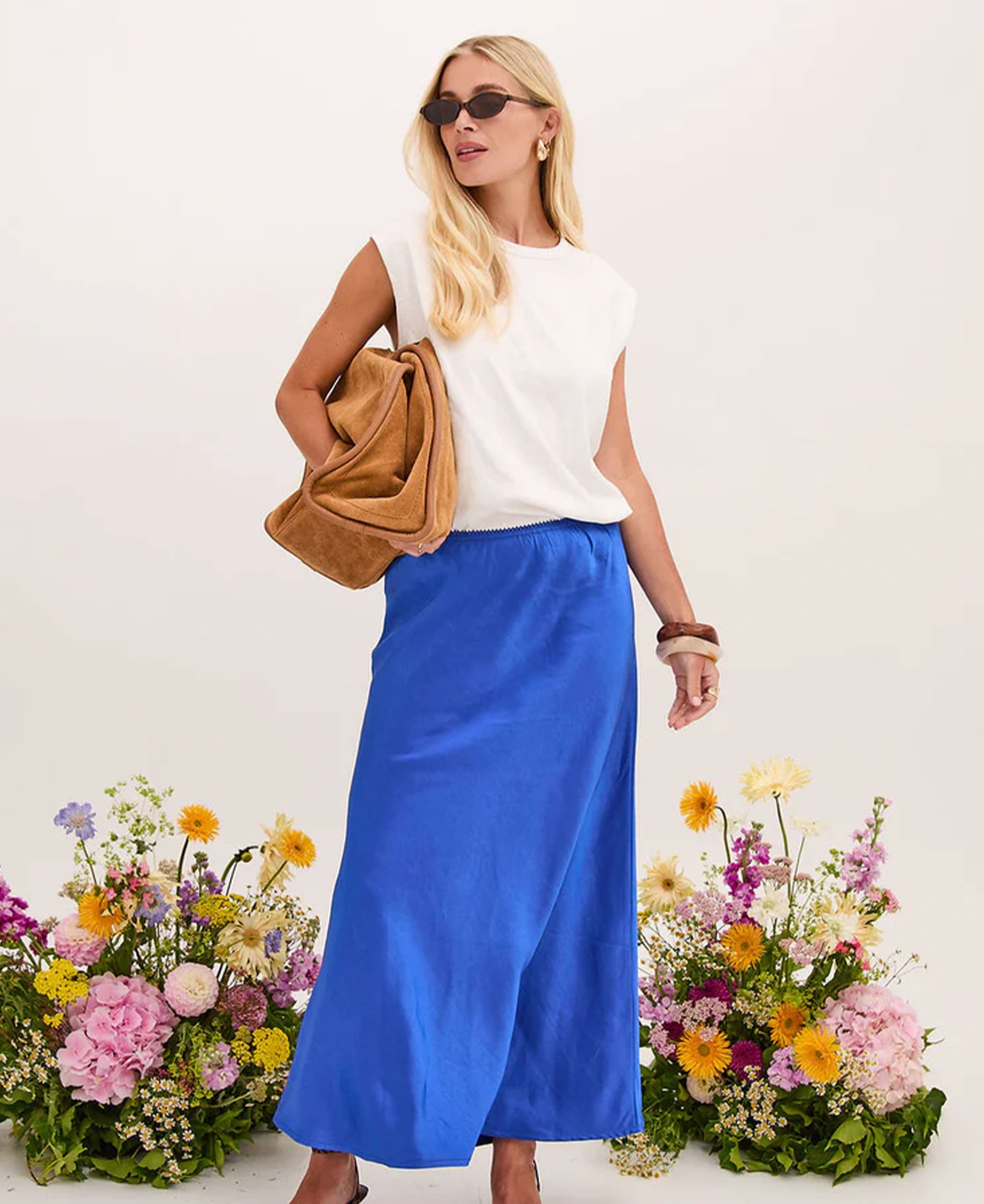 Angel Satin Midi Skirt - Blue