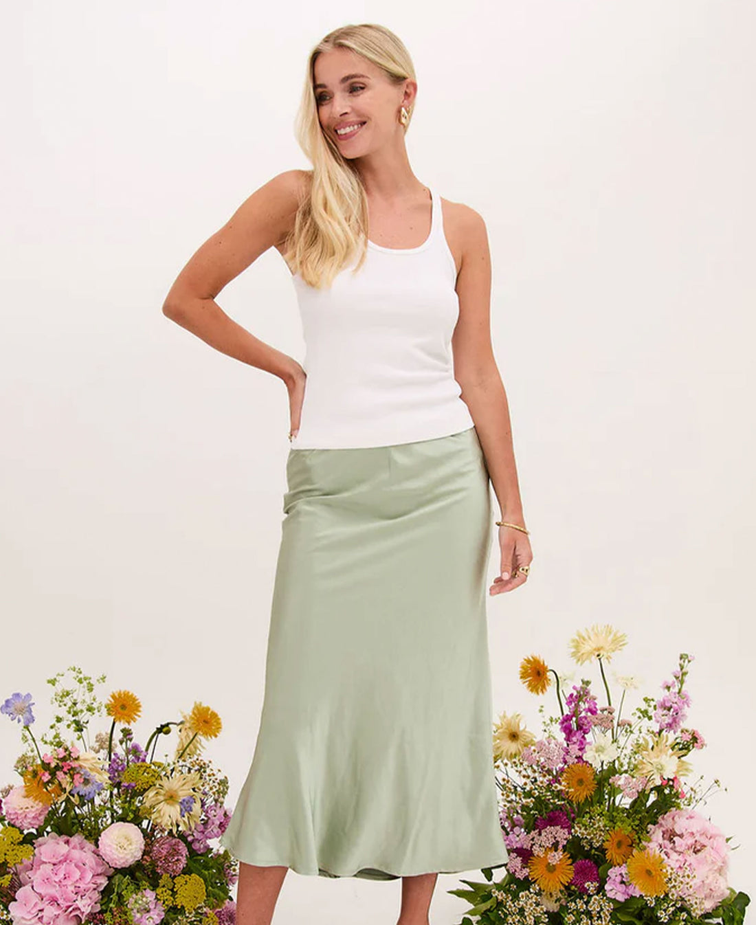 Angel Satin Midi Skirt - Sage