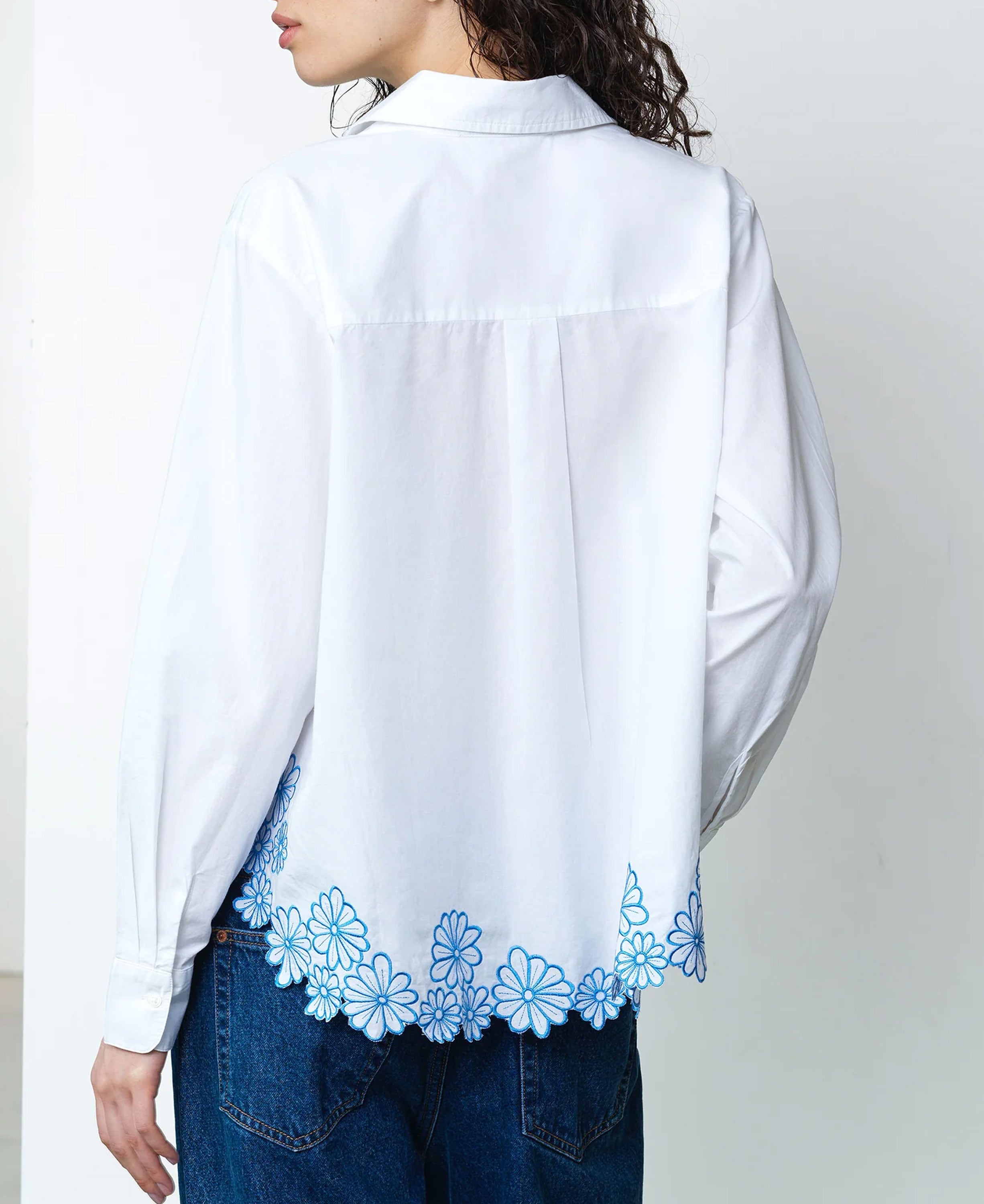 Cambria Cotton Floral Hem Shirt - Linen White/Azure Blue