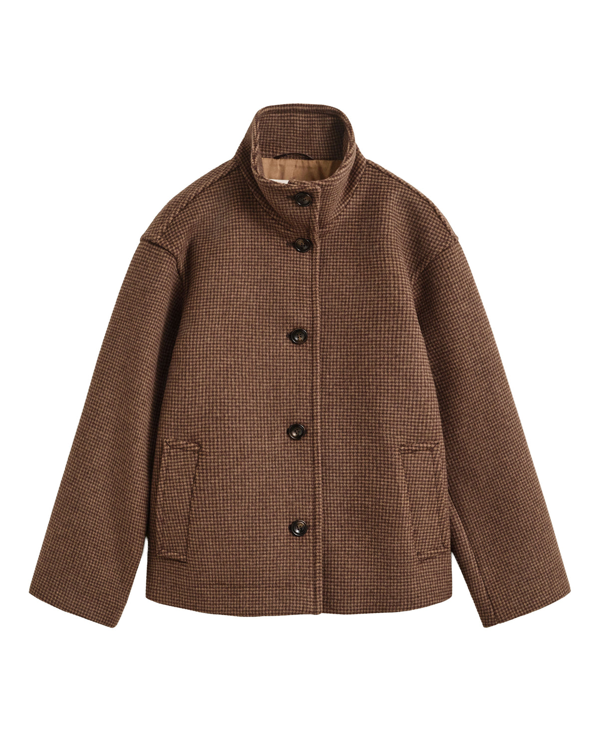 Checked Wool Blend Jacket - Deep Brown