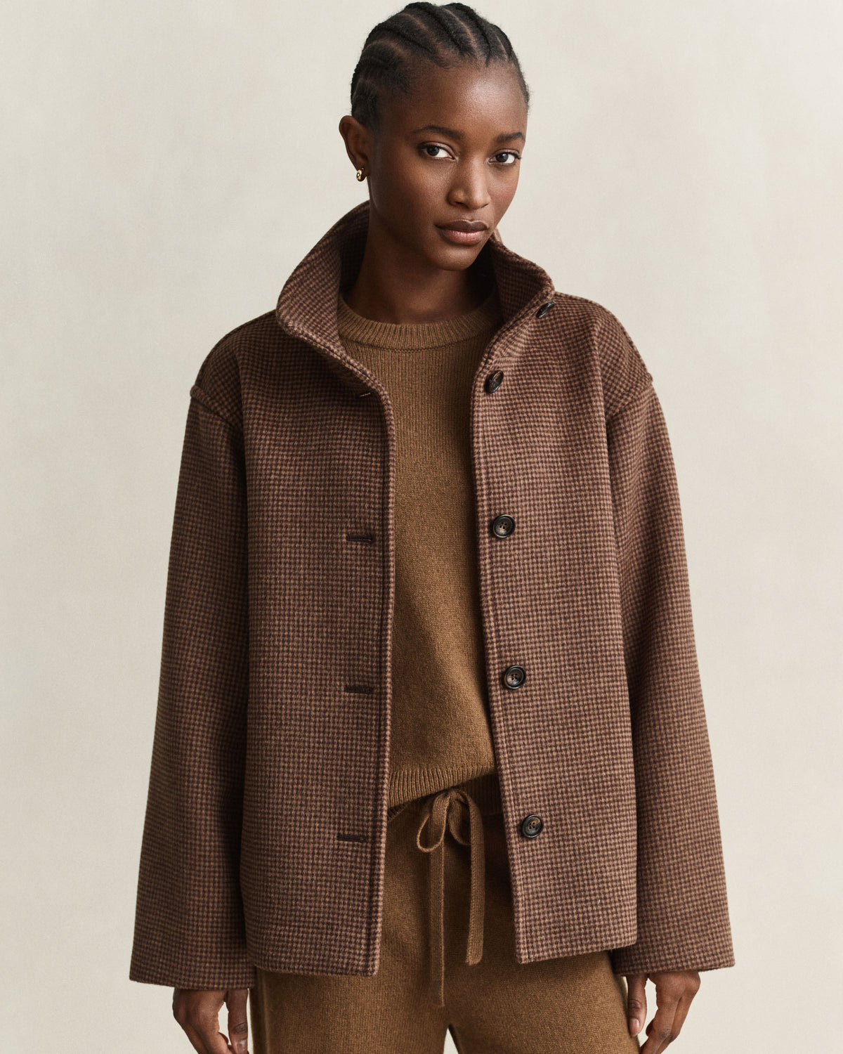 Checked Wool Blend Jacket - Deep Brown