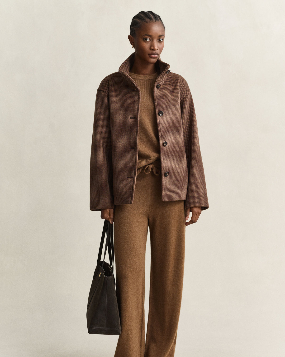 Checked Wool Blend Jacket - Deep Brown