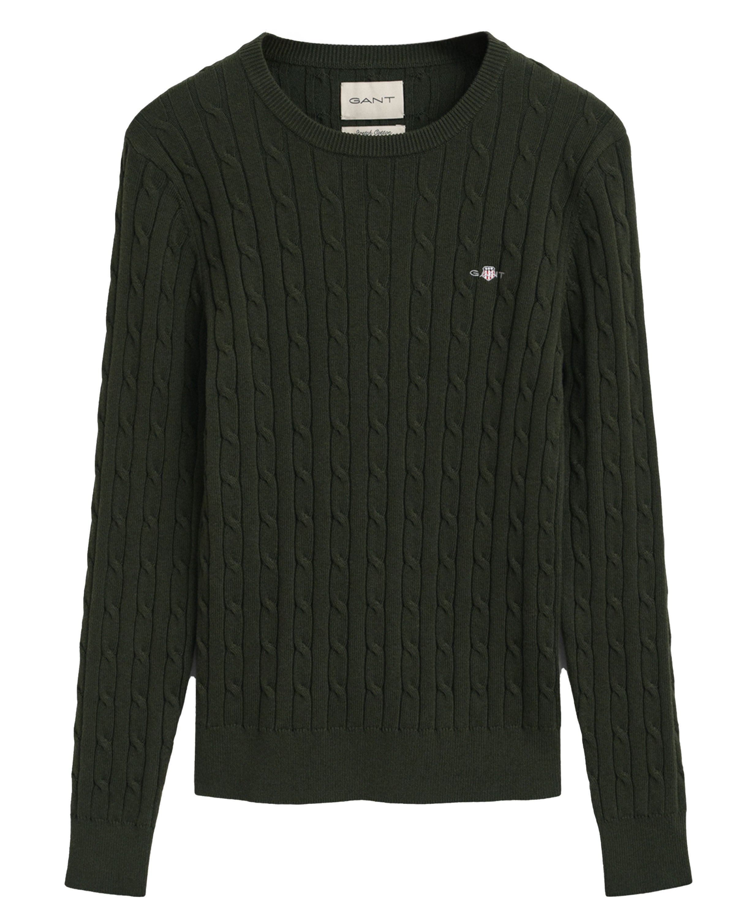 Stretch Cotton Cable Crew Neck Jumper - Dark Moss Green