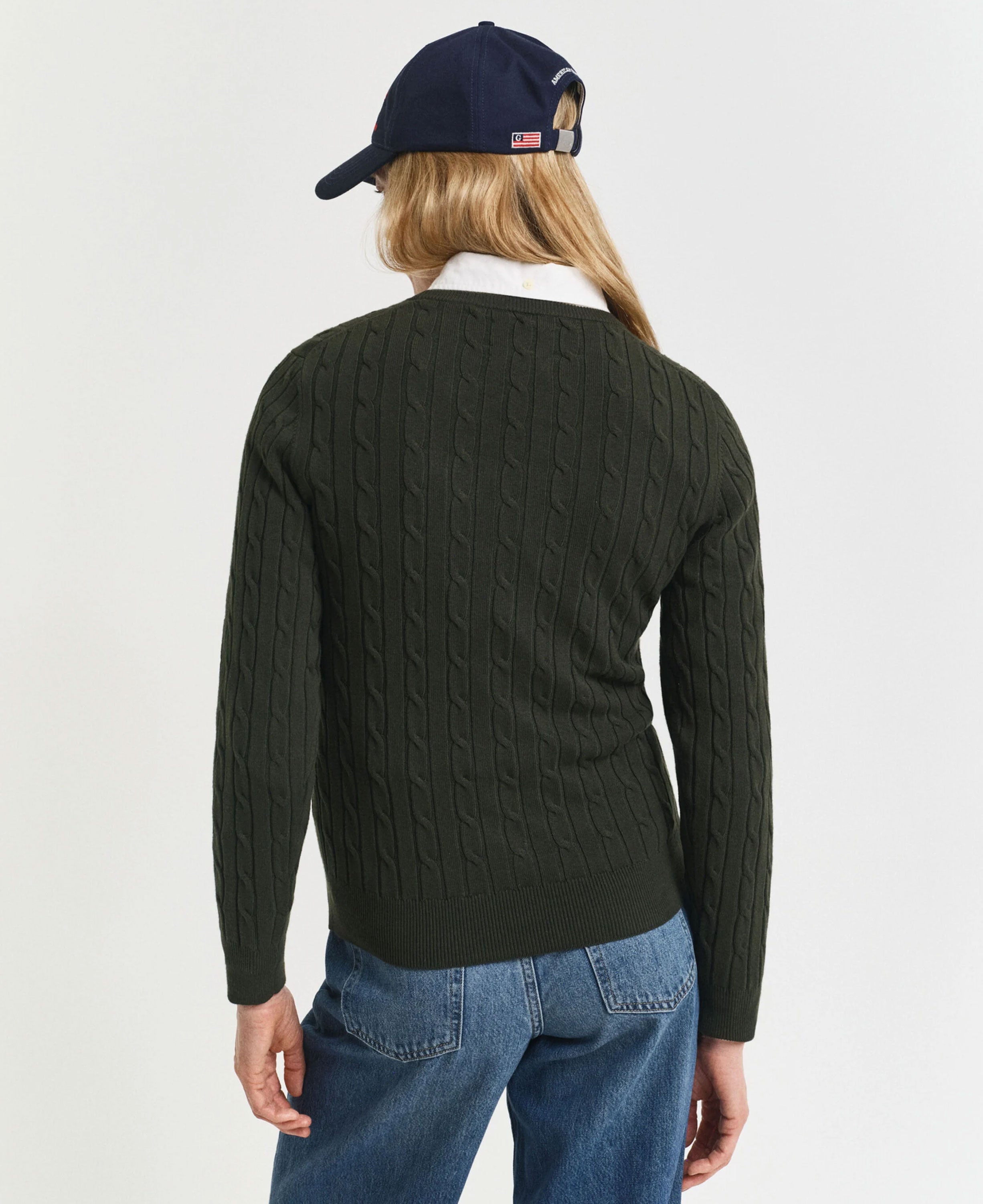 Stretch Cotton Cable Crew Neck Jumper - Dark Moss Green