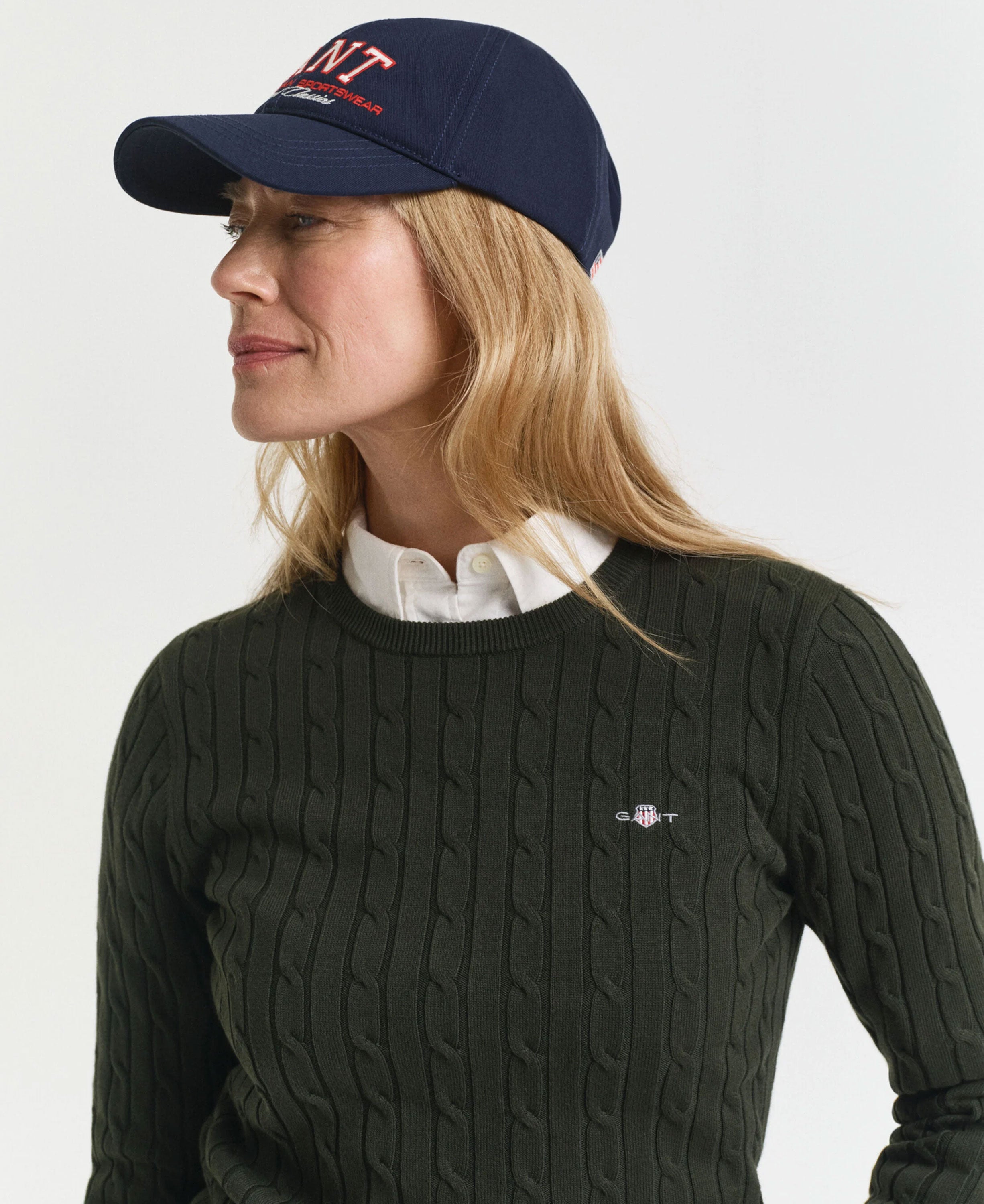 Stretch Cotton Cable Crew Neck Jumper - Dark Moss Green