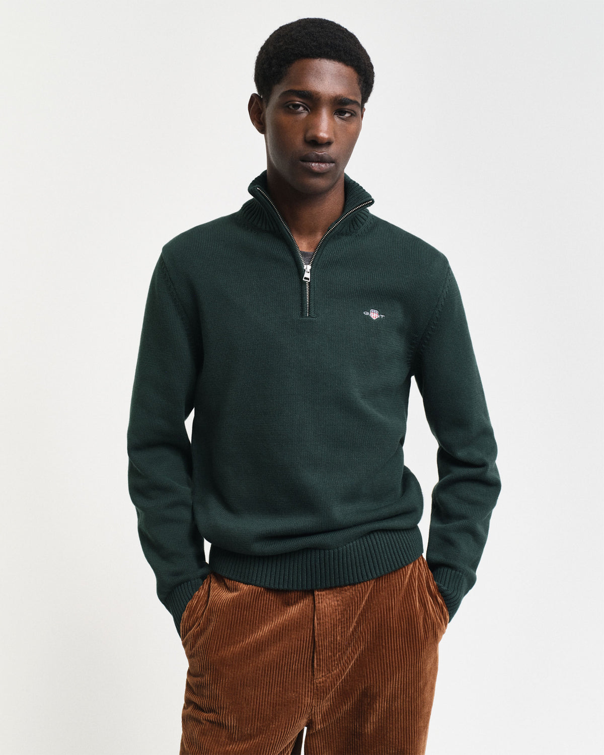 Cotton Knit Half-Zip Sweater - Tartan Green