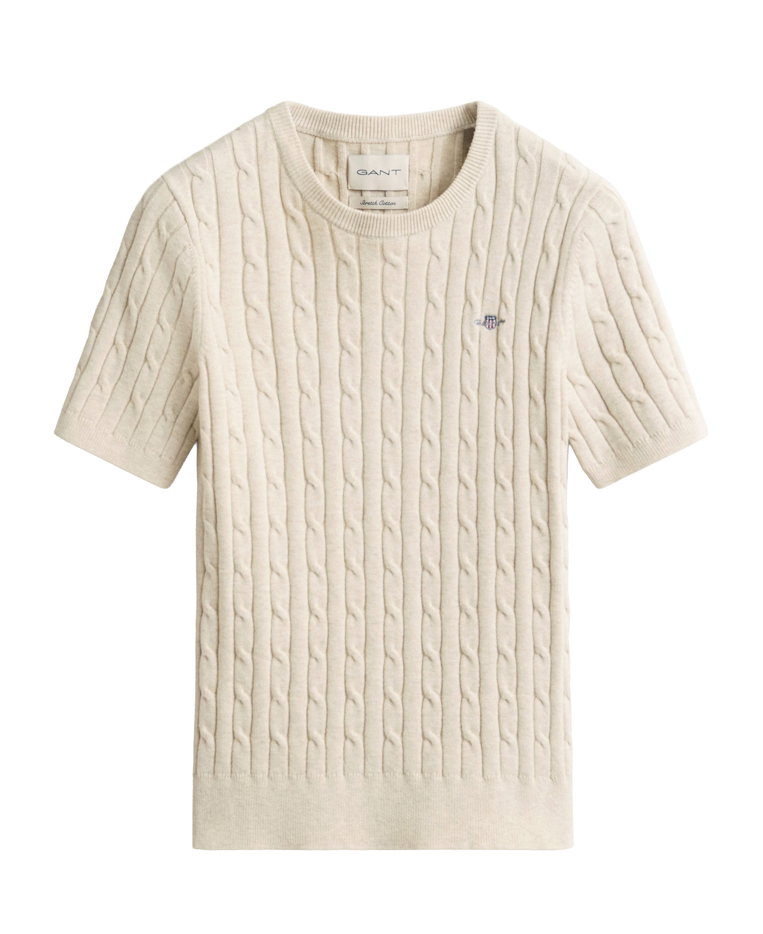 Stretch Cotton Cable Short Sleeve C-Neck - Faded Beige