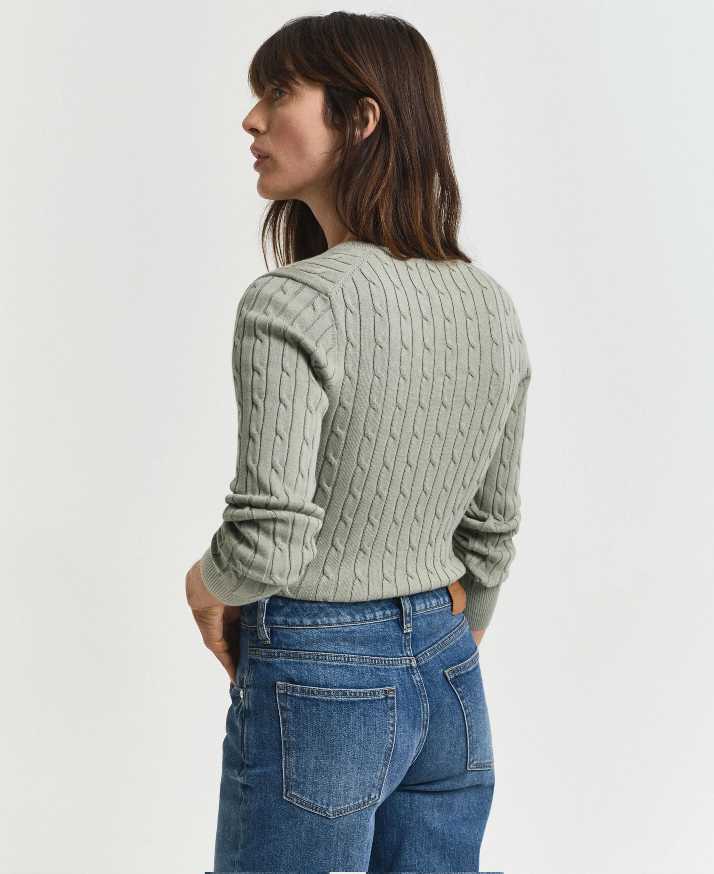 Stretch Cotton Cable V-Neck Sweater - Faded Sage