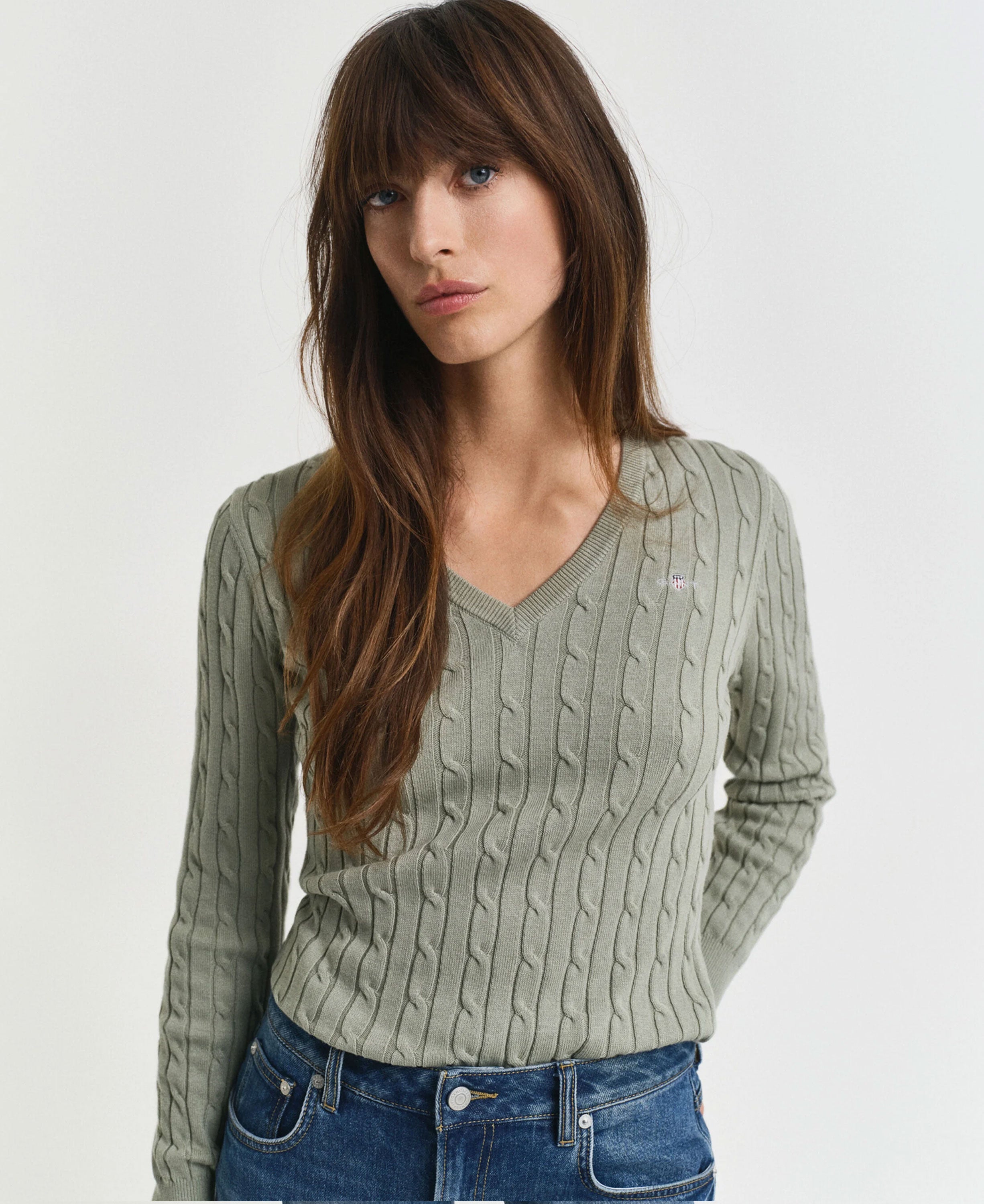 Stretch Cotton Cable V-Neck Sweater - Faded Sage