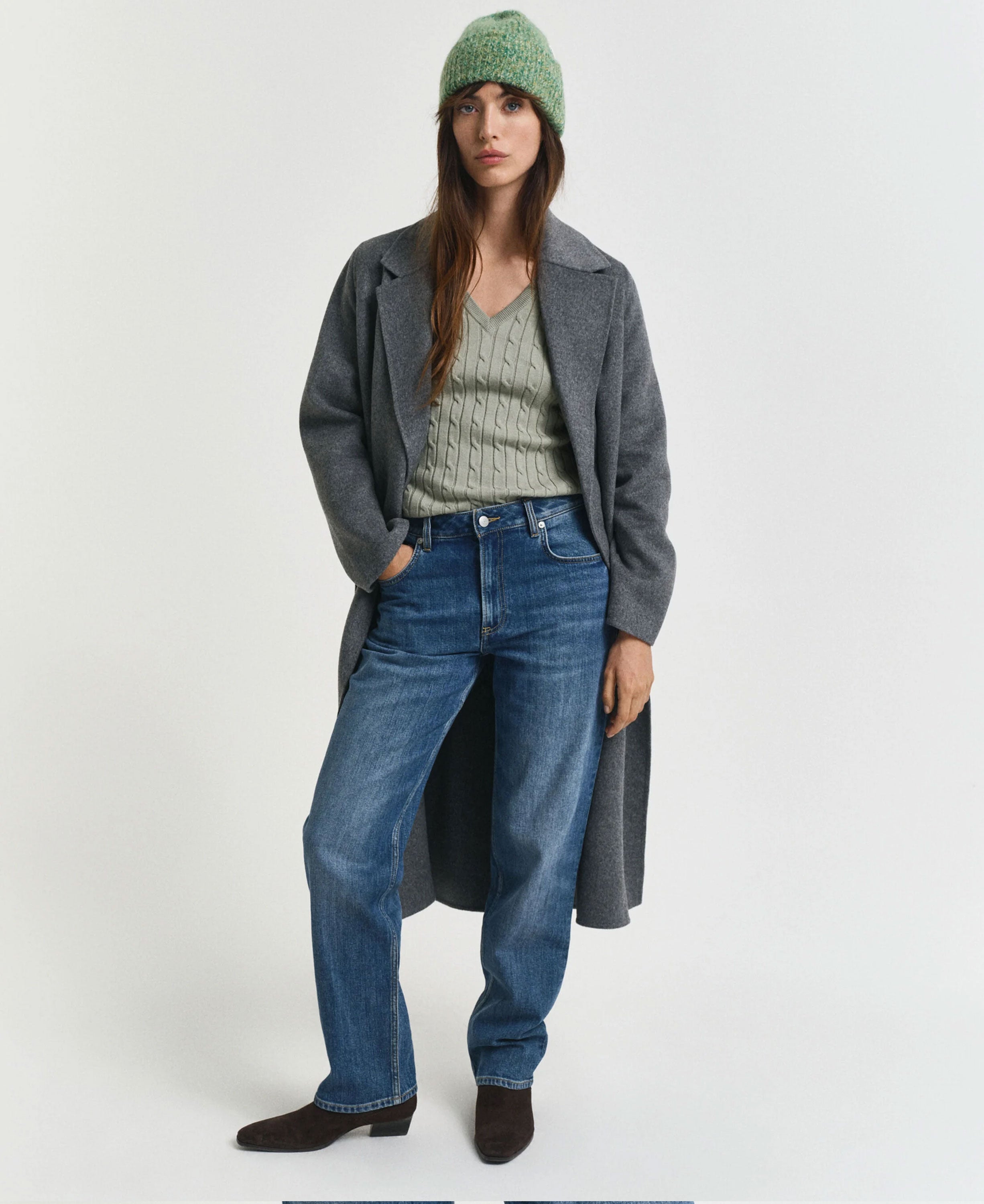 Stretch Cotton Cable V-Neck Sweater - Faded Sage