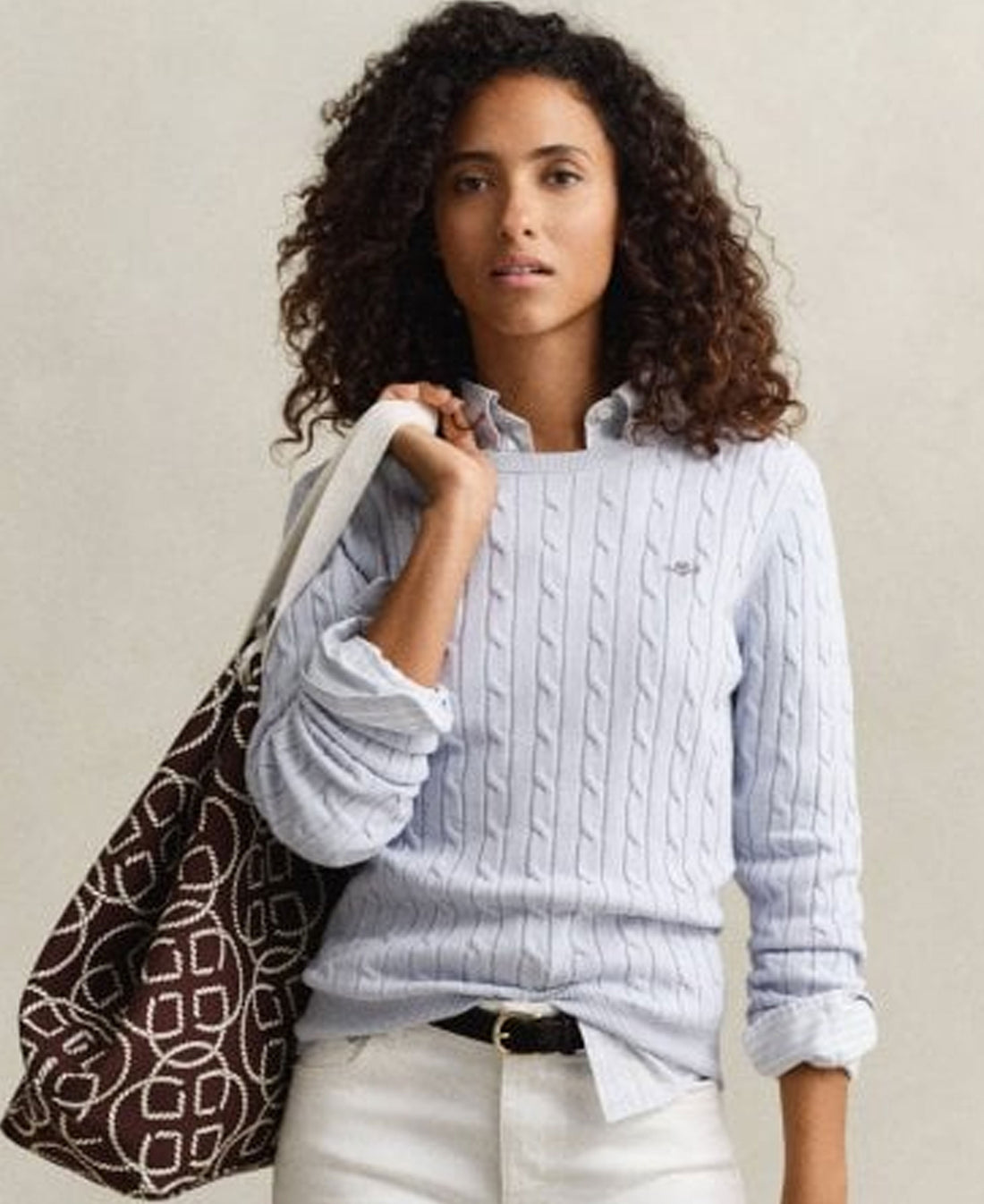 Stretch Cotton Cable Crew Neck - Hydrangea Blue