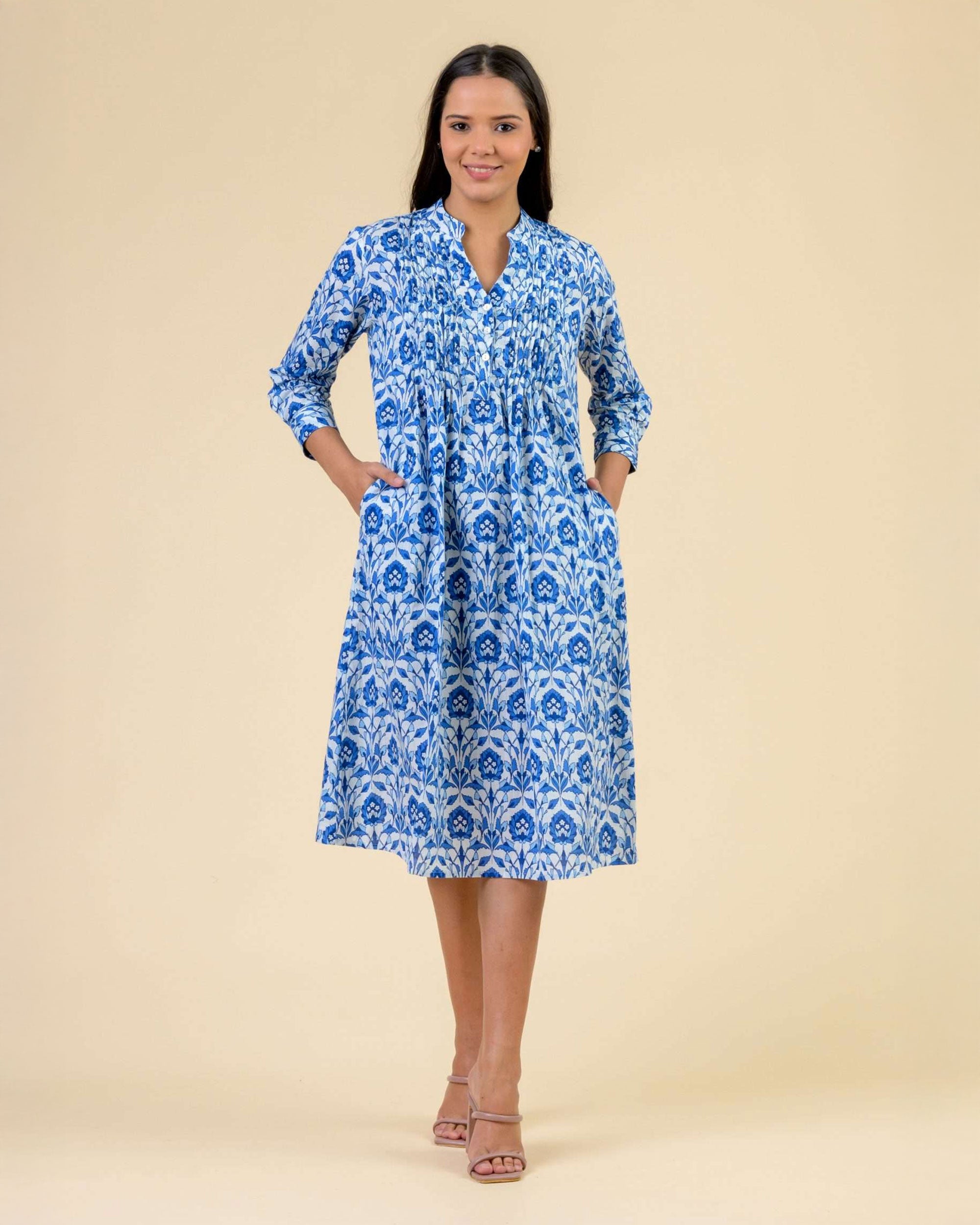 Phantom Long Sleeve Pleated Front Dress - Tasmin Blue