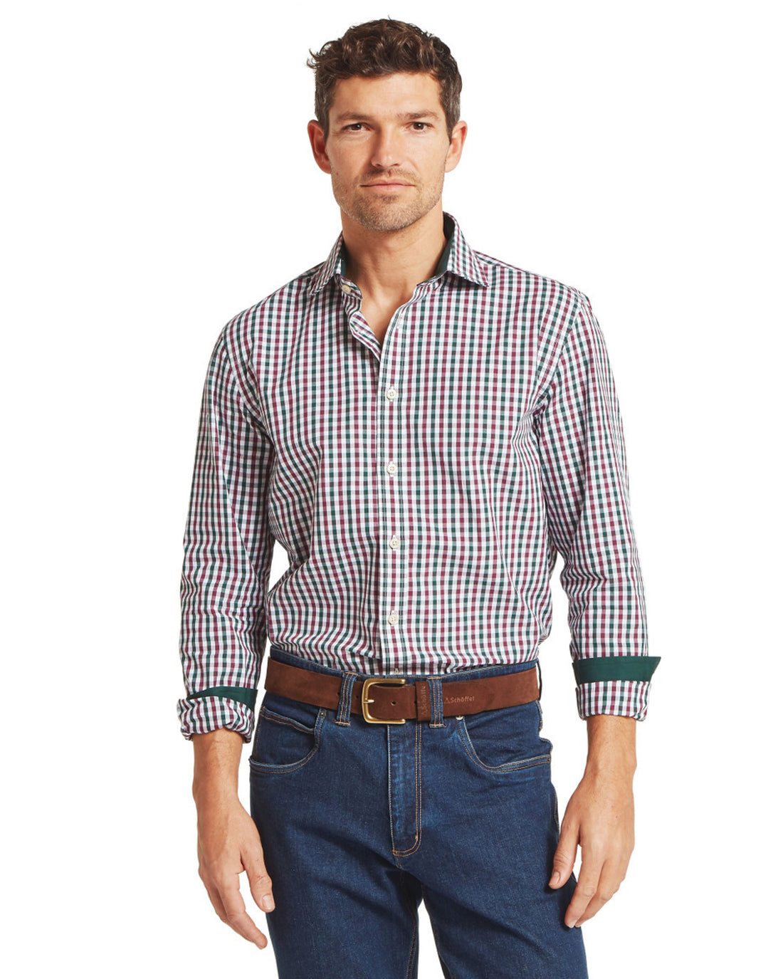 Hebden Tailored Shirt - Deep Pine/Burgundy