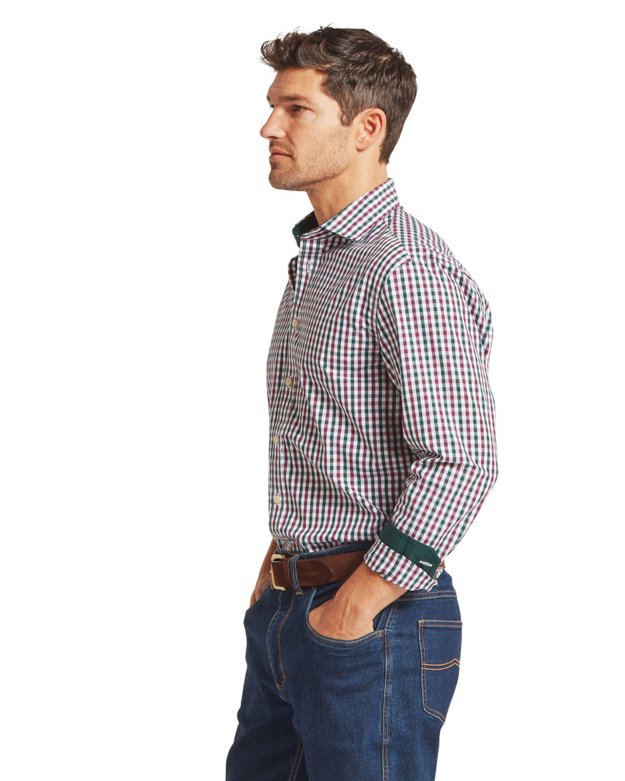 Hebden Tailored Shirt - Deep Pine/Burgundy