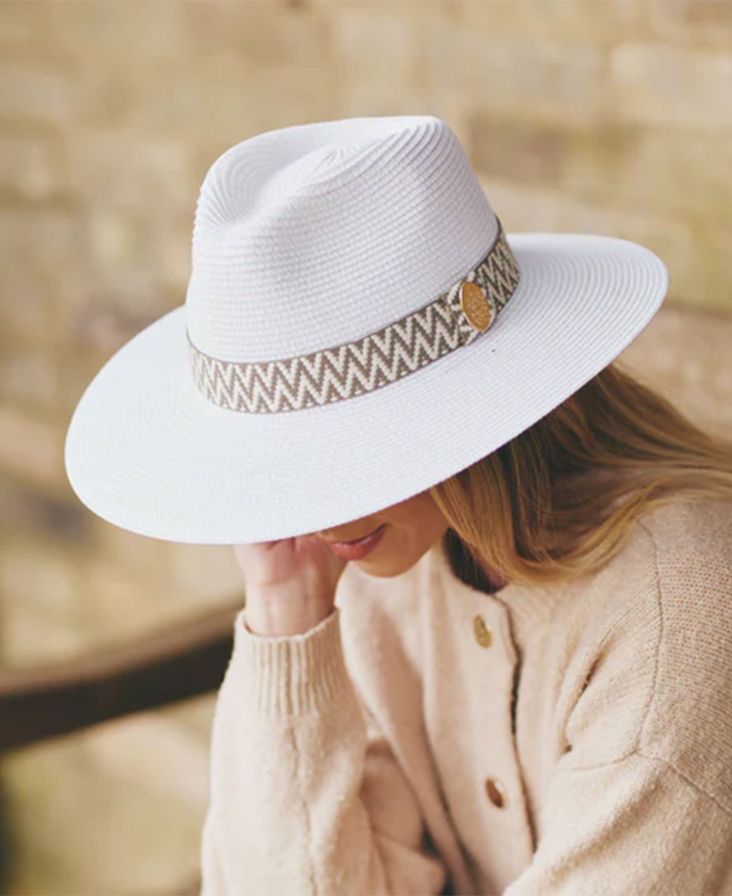 The Hemley Fedora - White Khaki Aztec Ribbon