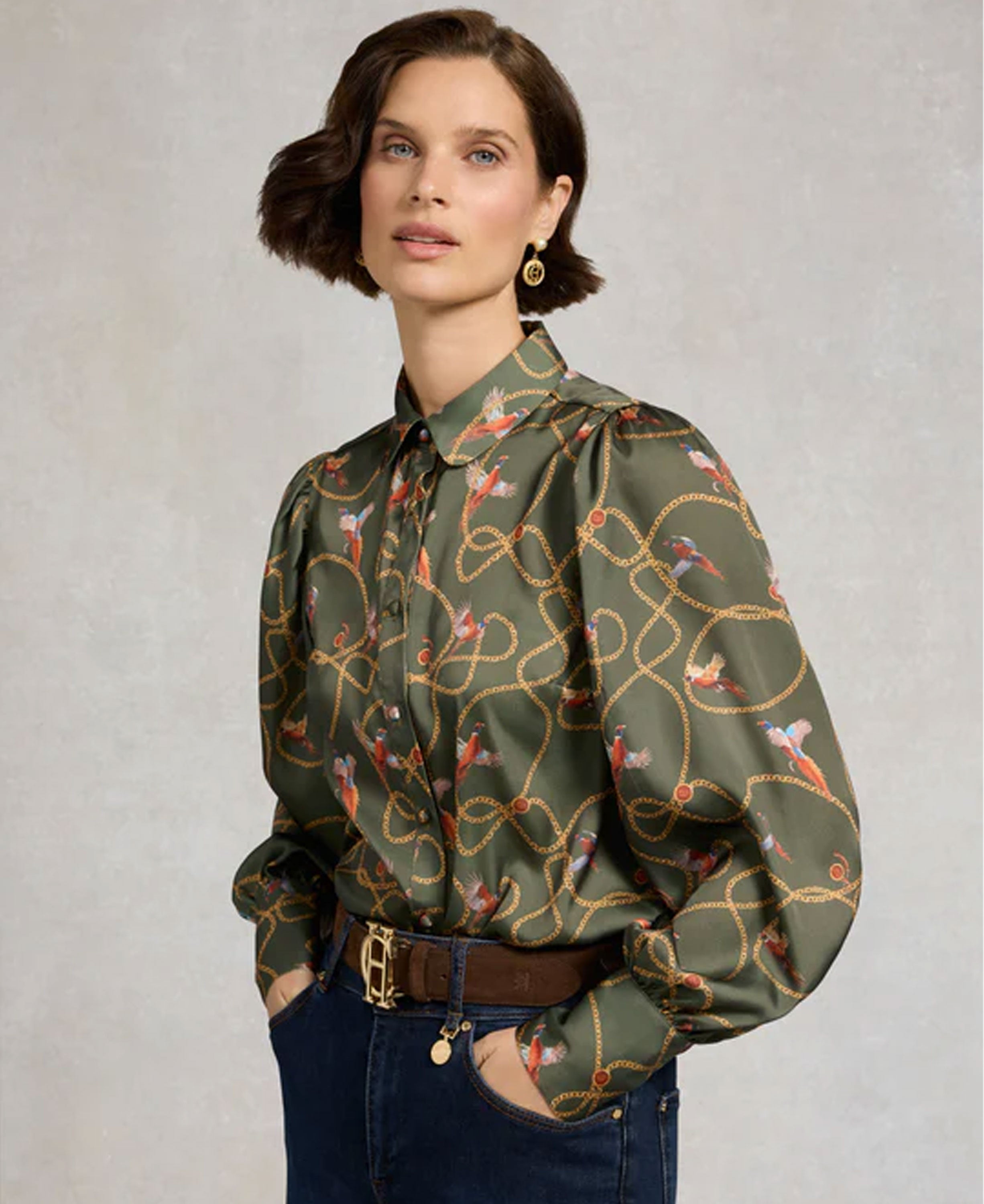 Isla Satin Shirt - Khaki Pheasant