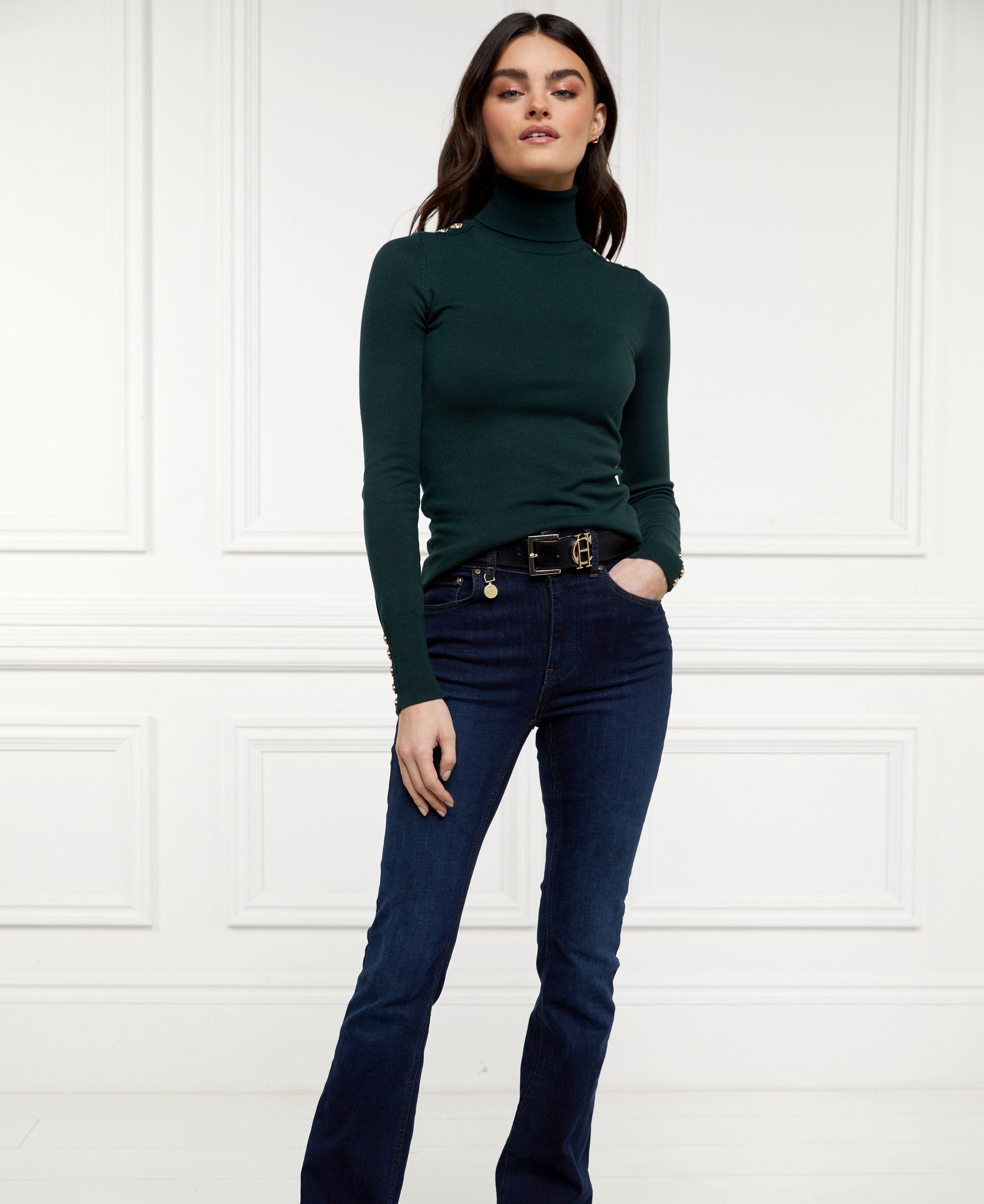 Buttoned Knit Roll Neck - Deep Emerald