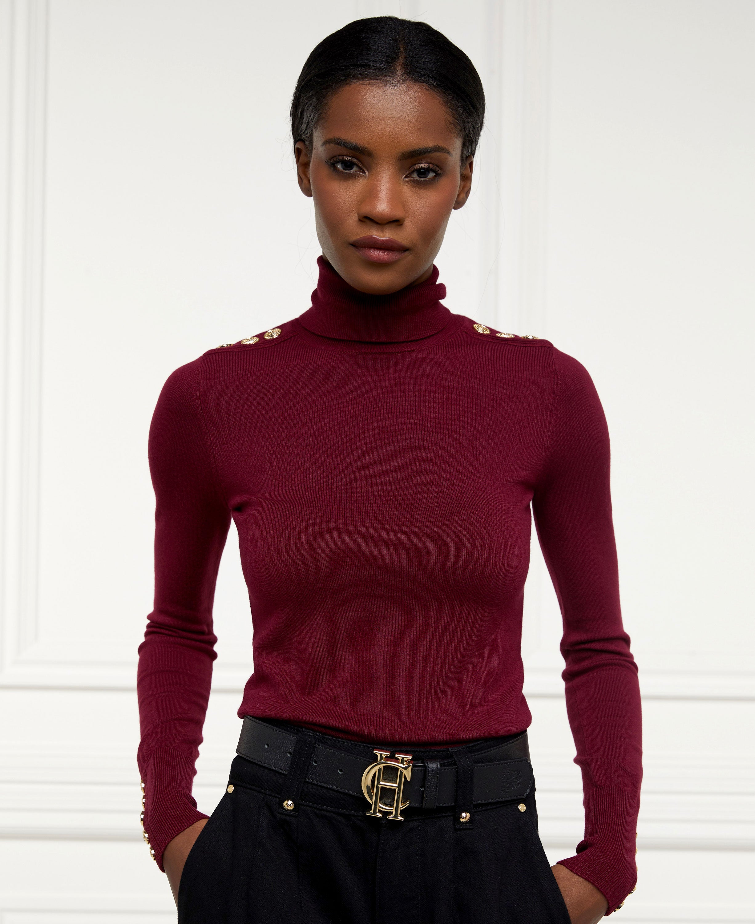 Buttoned Knit Roll Neck - Wine