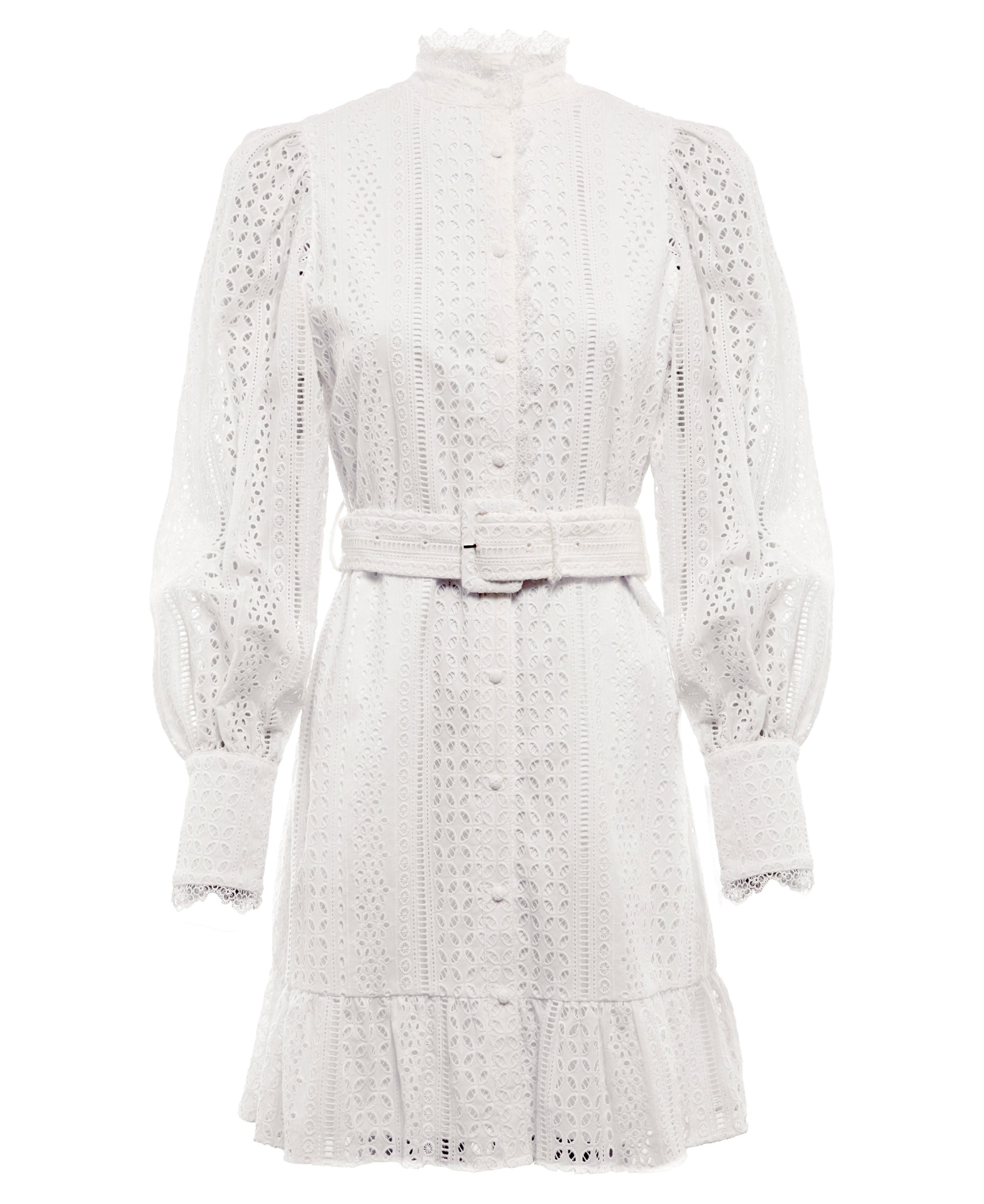 Collarless Broderie Mini Dress - White