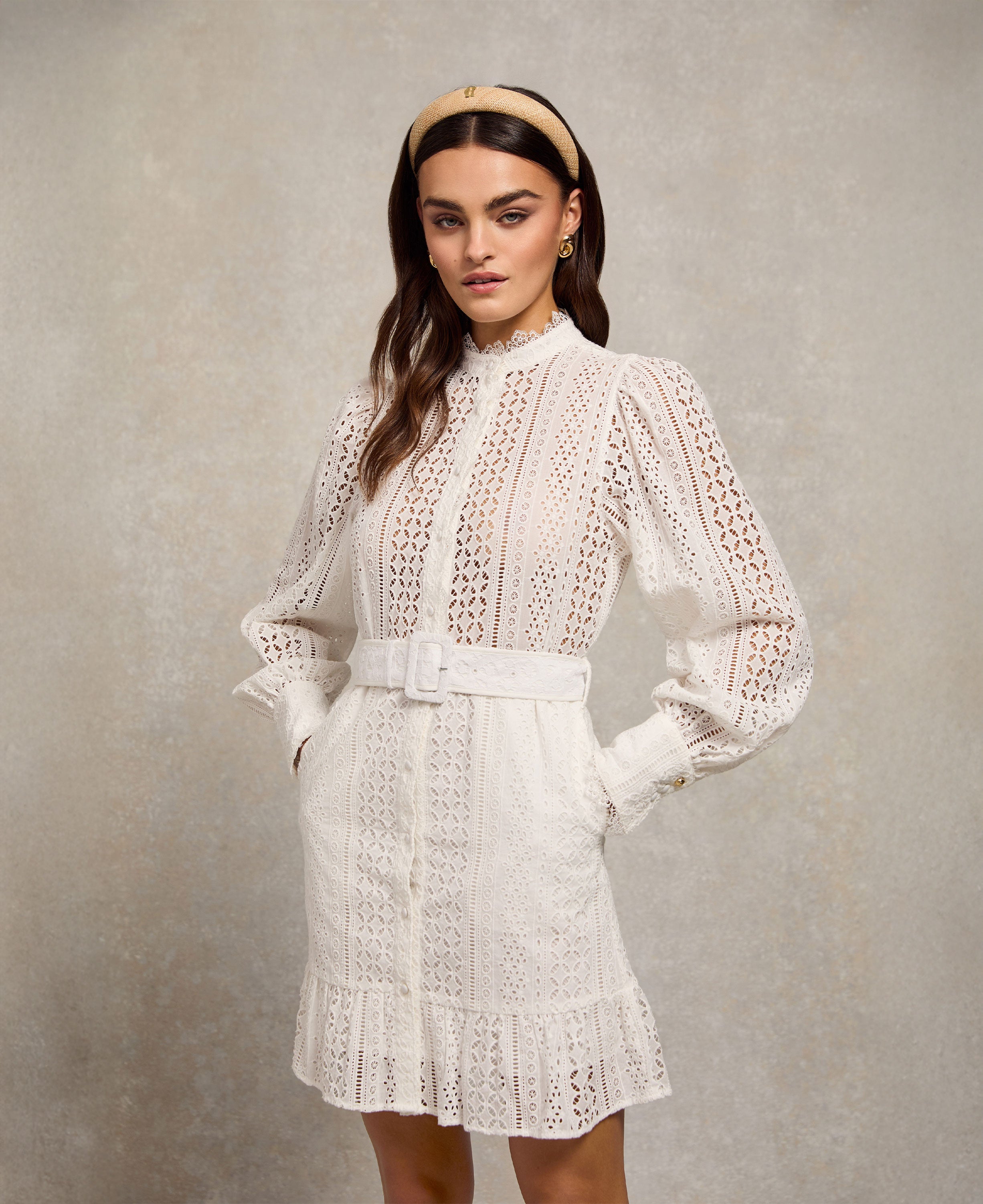 Collarless Broderie Mini Dress - White