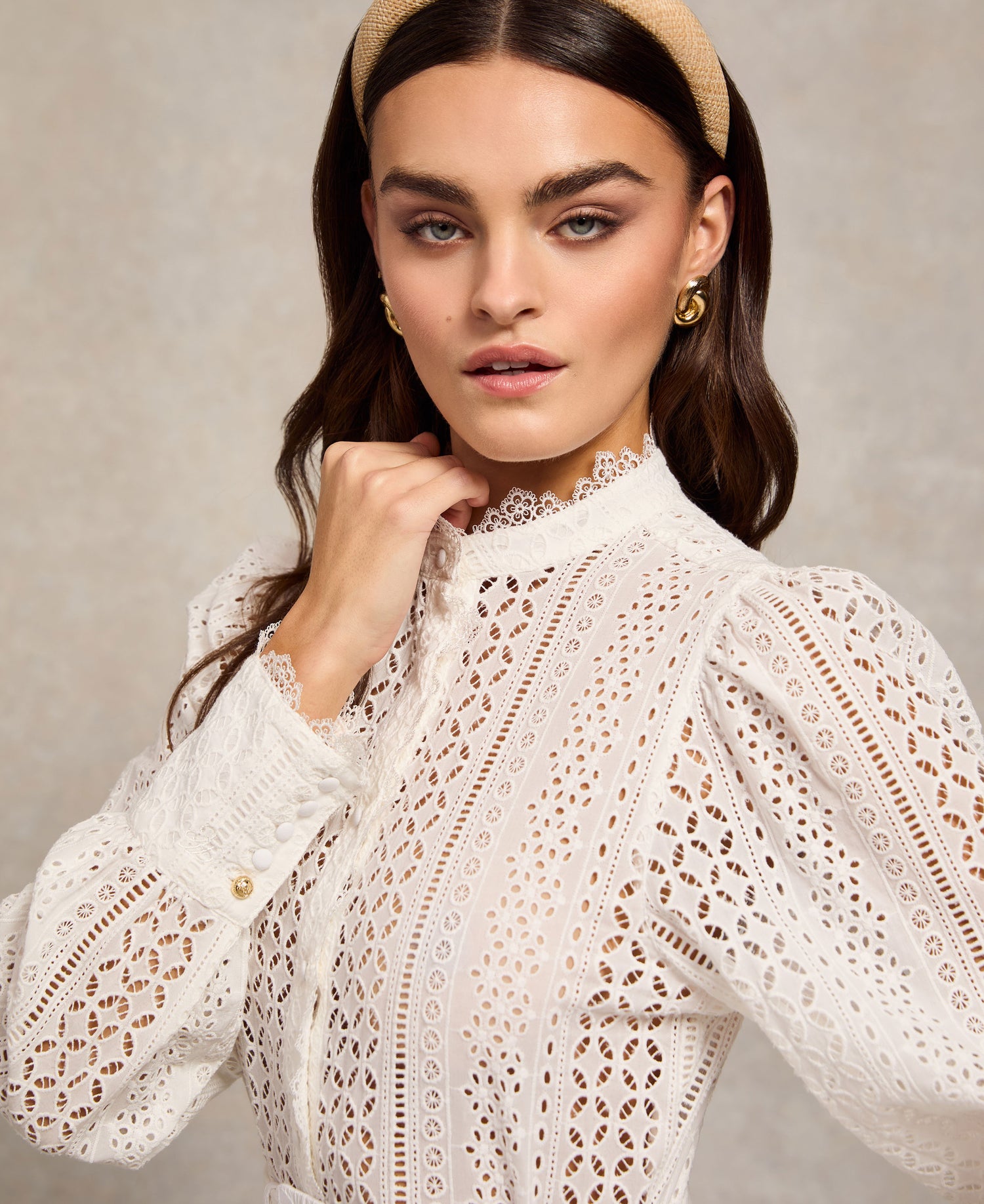 Collarless Broderie Mini Dress - White