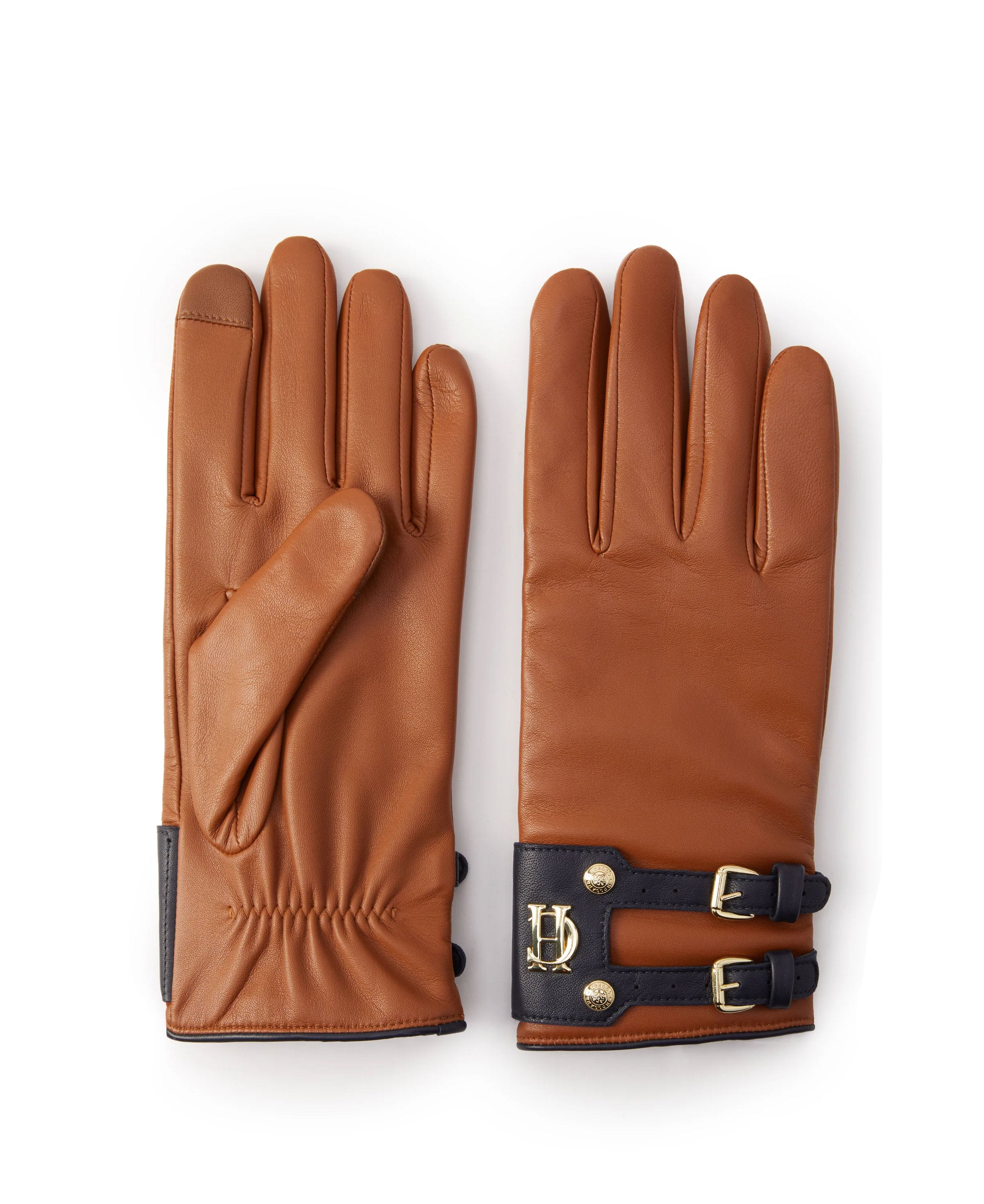 Contrast Leather Gloves - Tan/Ink Navy