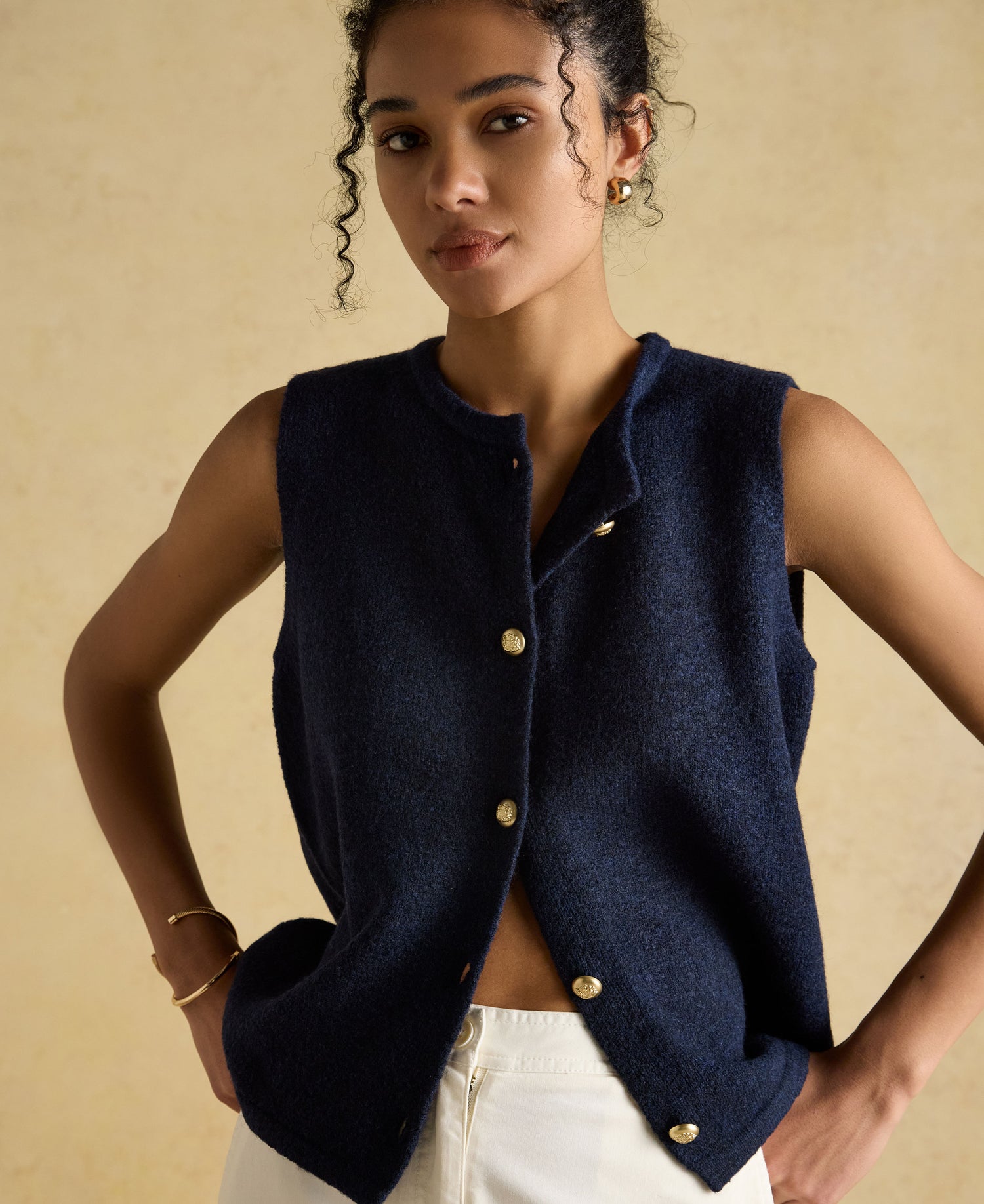 Holly Button Through Knitted Vest - Navy