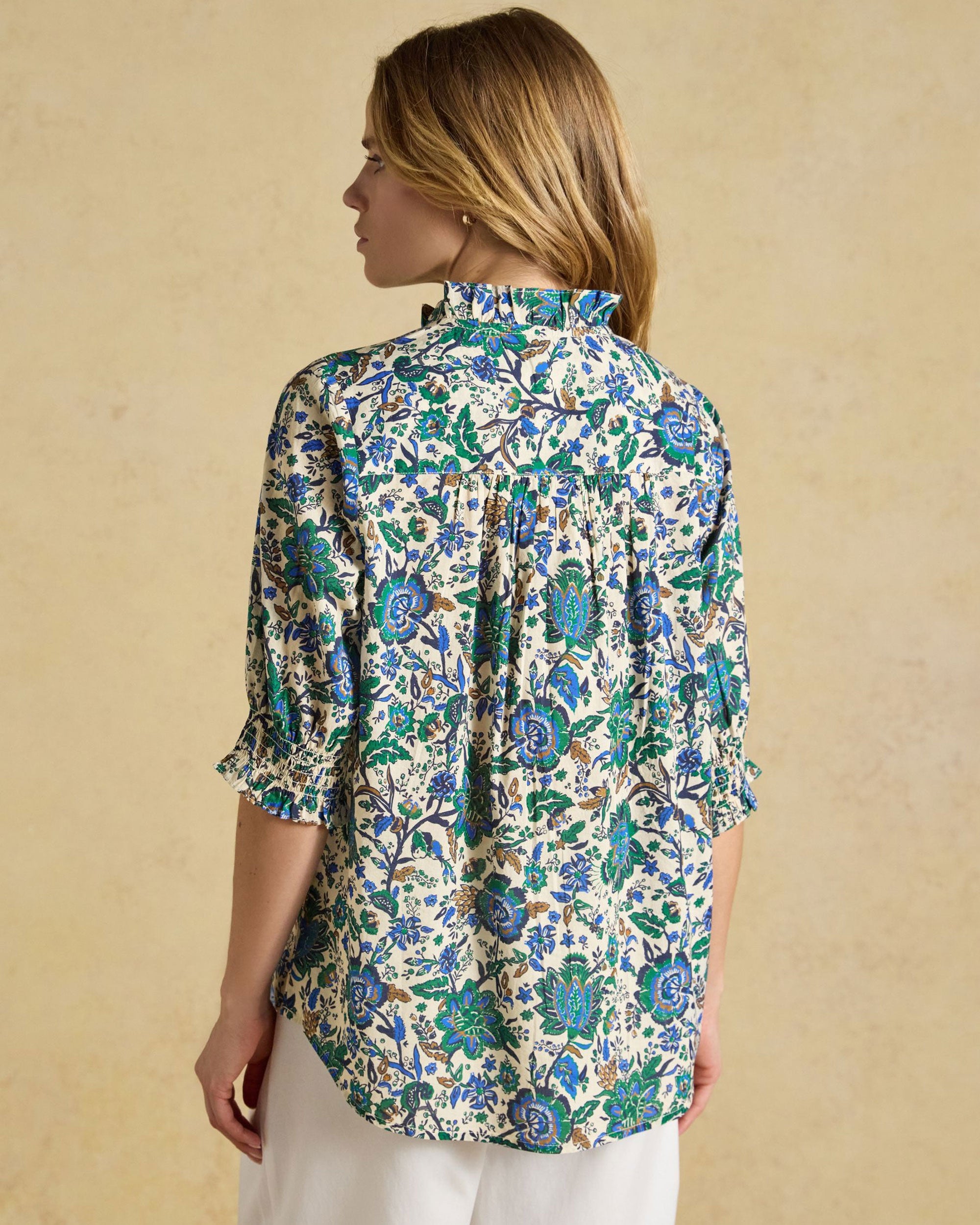 Melanie Short Sleeve Frill Blouse - Blue/Green