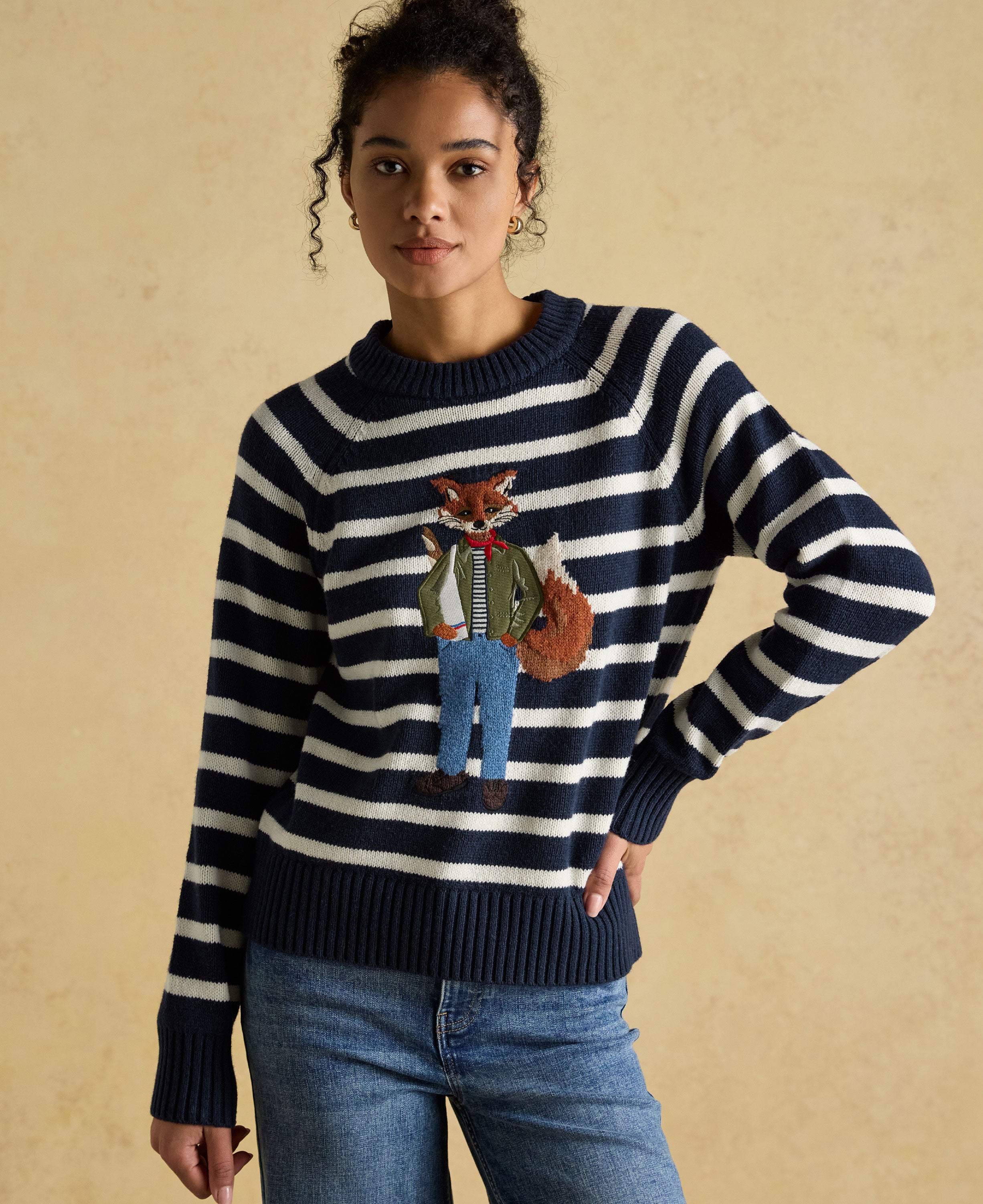 Renard Jonty Intarsia Crew Neck Jumper - Navy