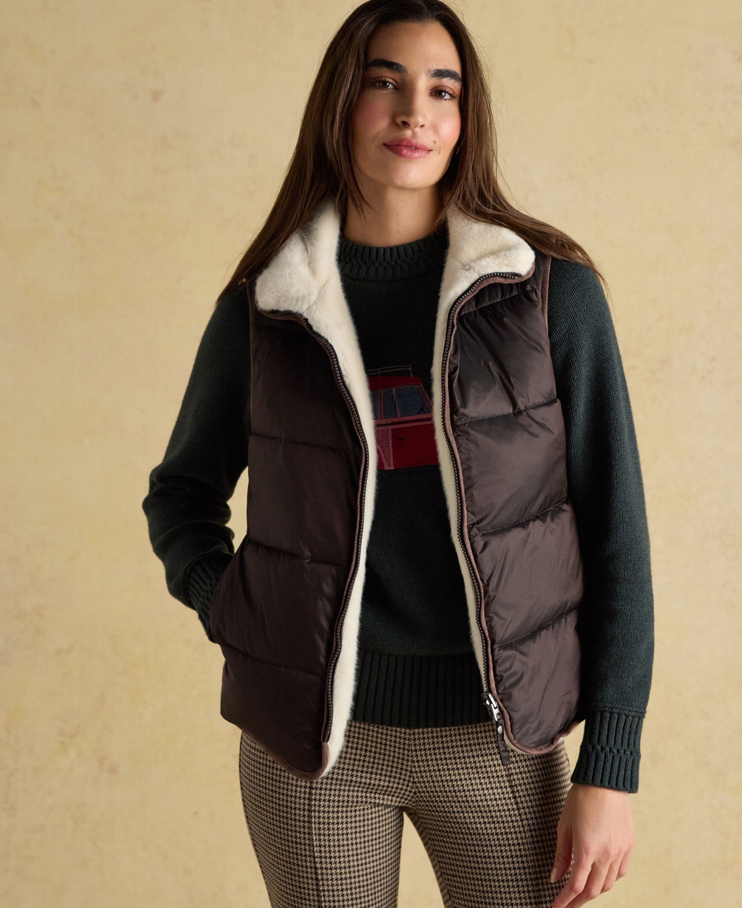 Reversible Faux Fur Padded Gilet - Brown/Cream