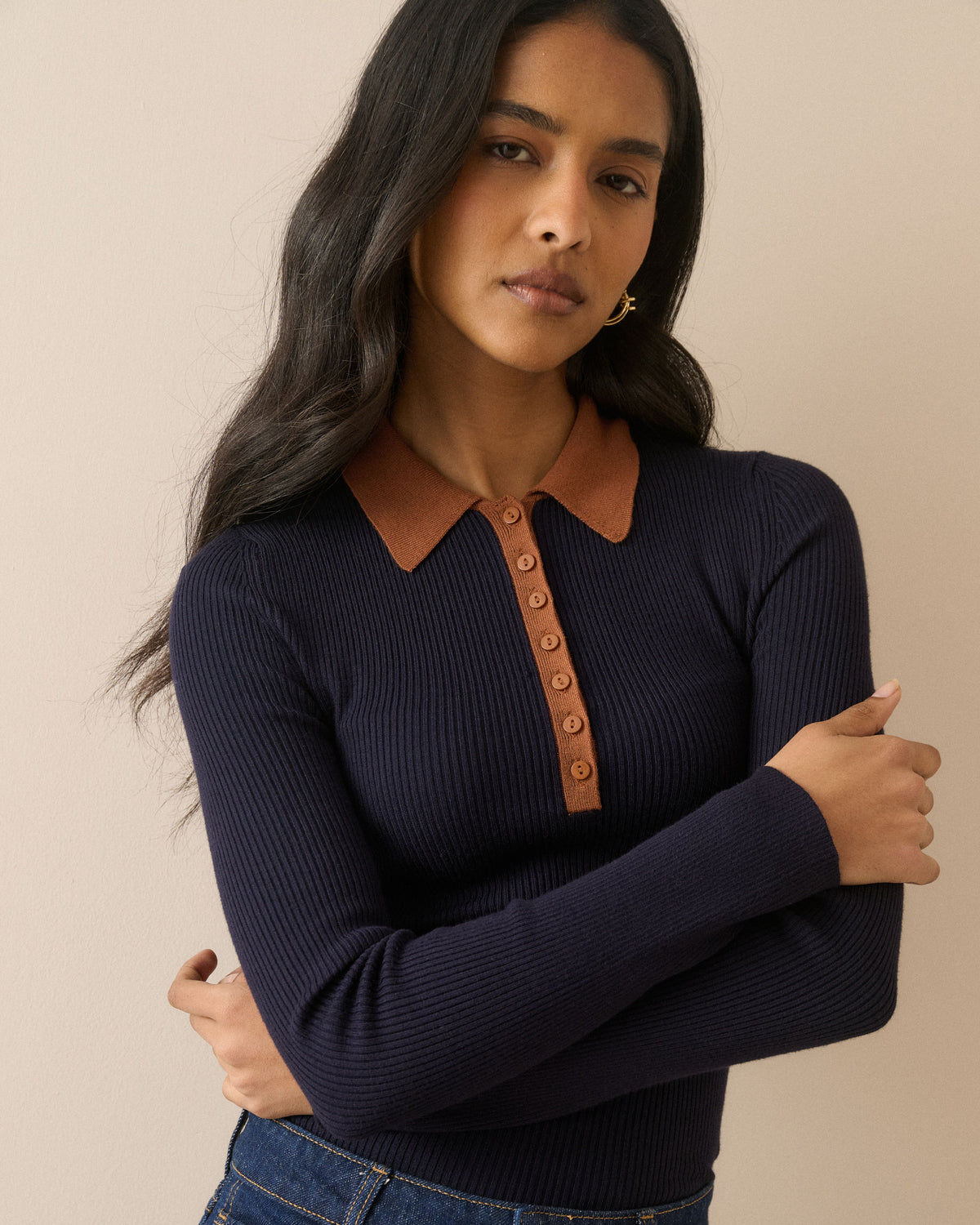 Ribbed Collared Polo Top - Blue